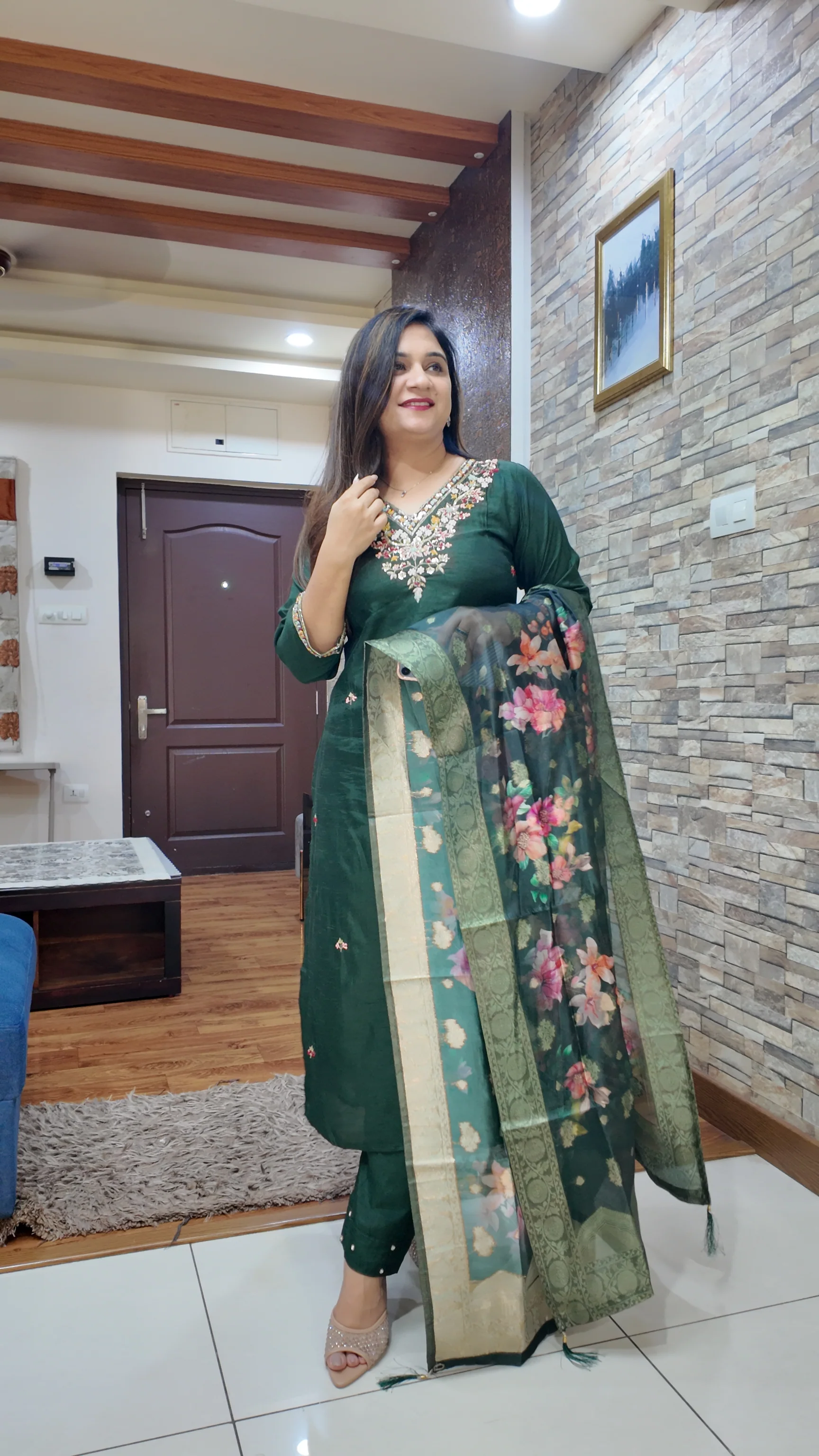 Green Silk Hand embroidered Pant Set - Image 4