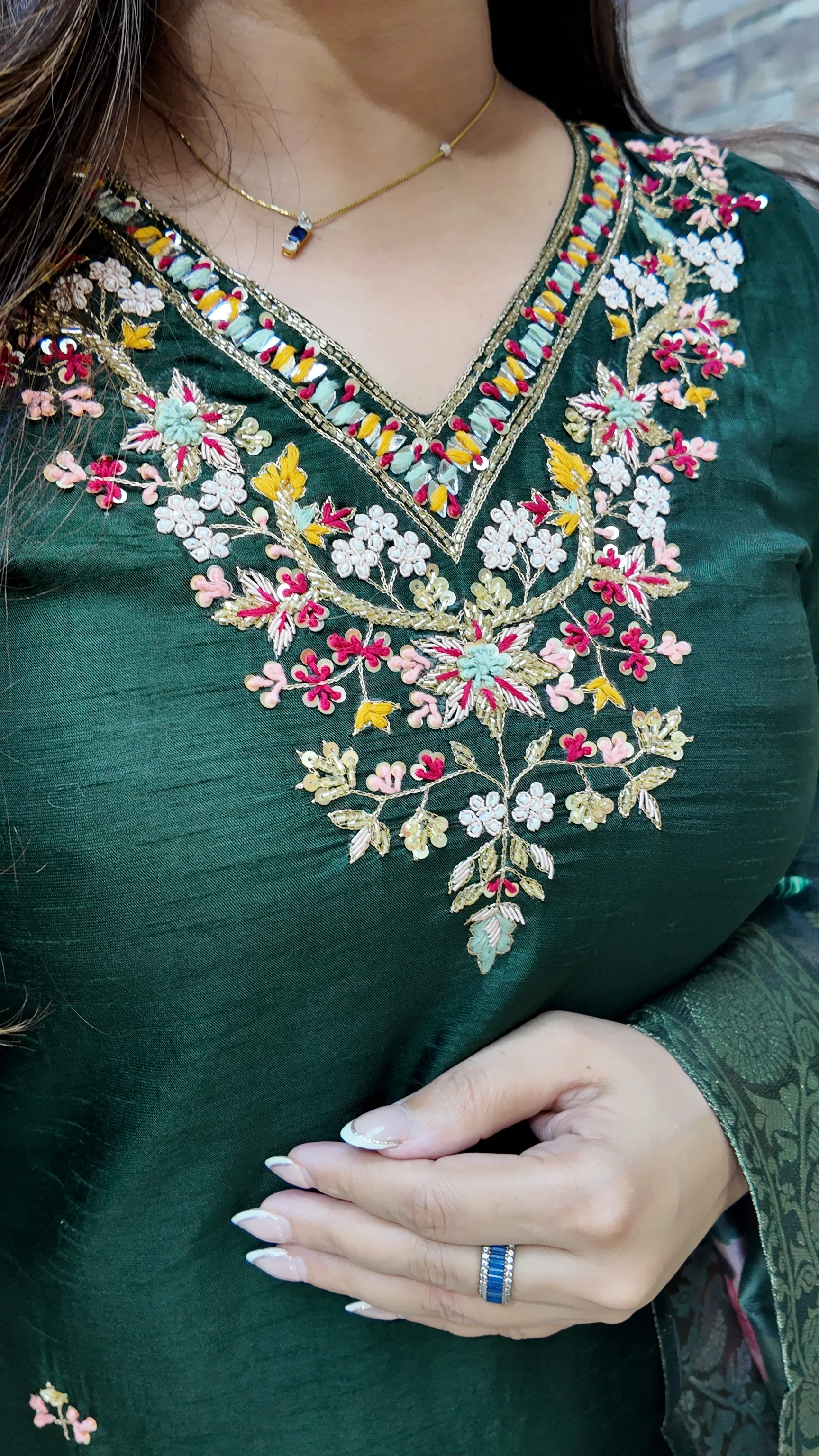 Green Silk Hand embroidered Pant Set - Image 7