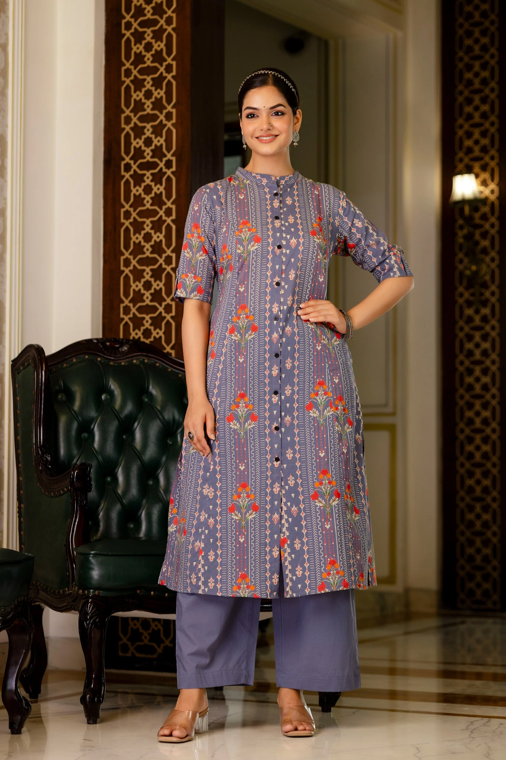 Grey Floral Cotton A-line Coord Set - Image 3