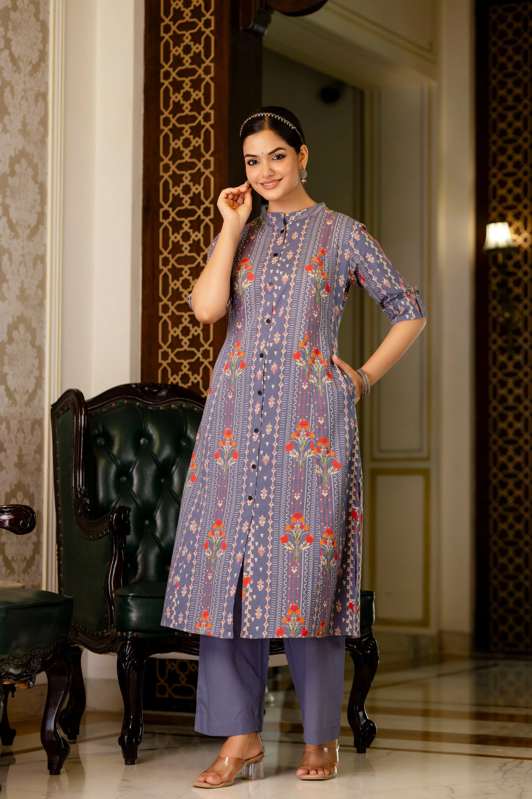 Grey Floral Cotton A-line Coord Set - Image 4