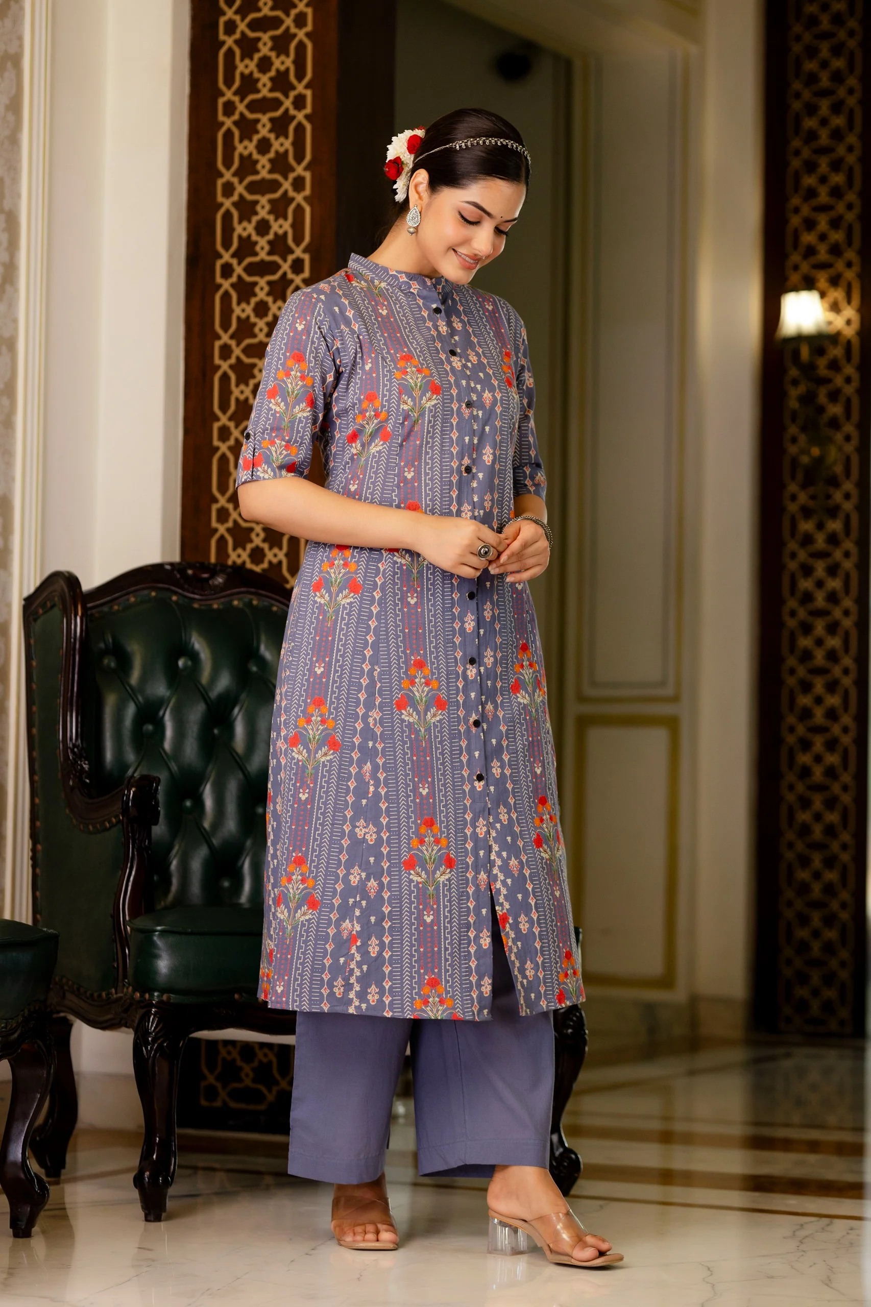 Grey Floral Cotton A-line Coord Set - Image 6