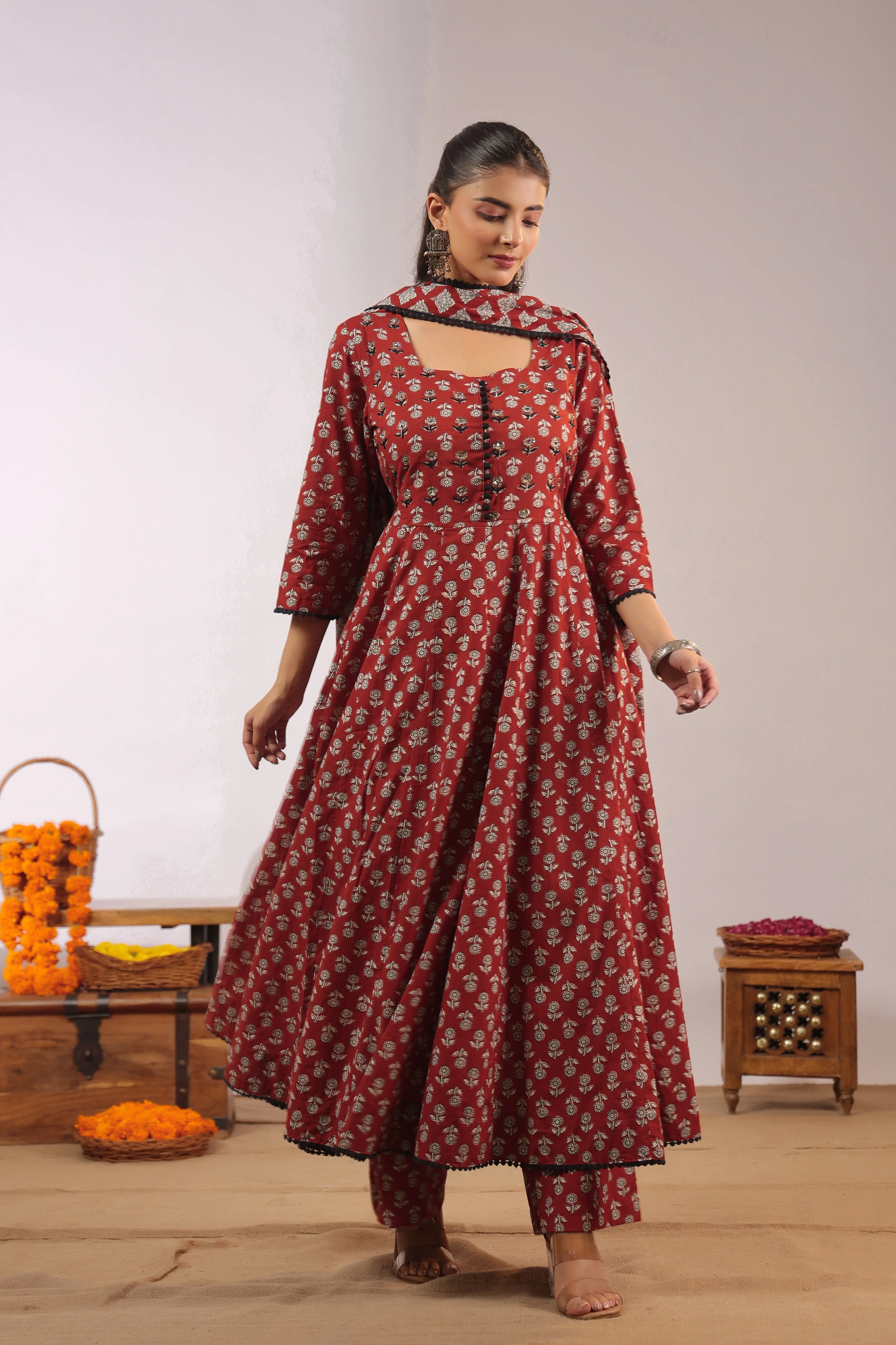 Gunjal Cotton Ajrakh HandEmbroidered Anarkali Set - Image 3