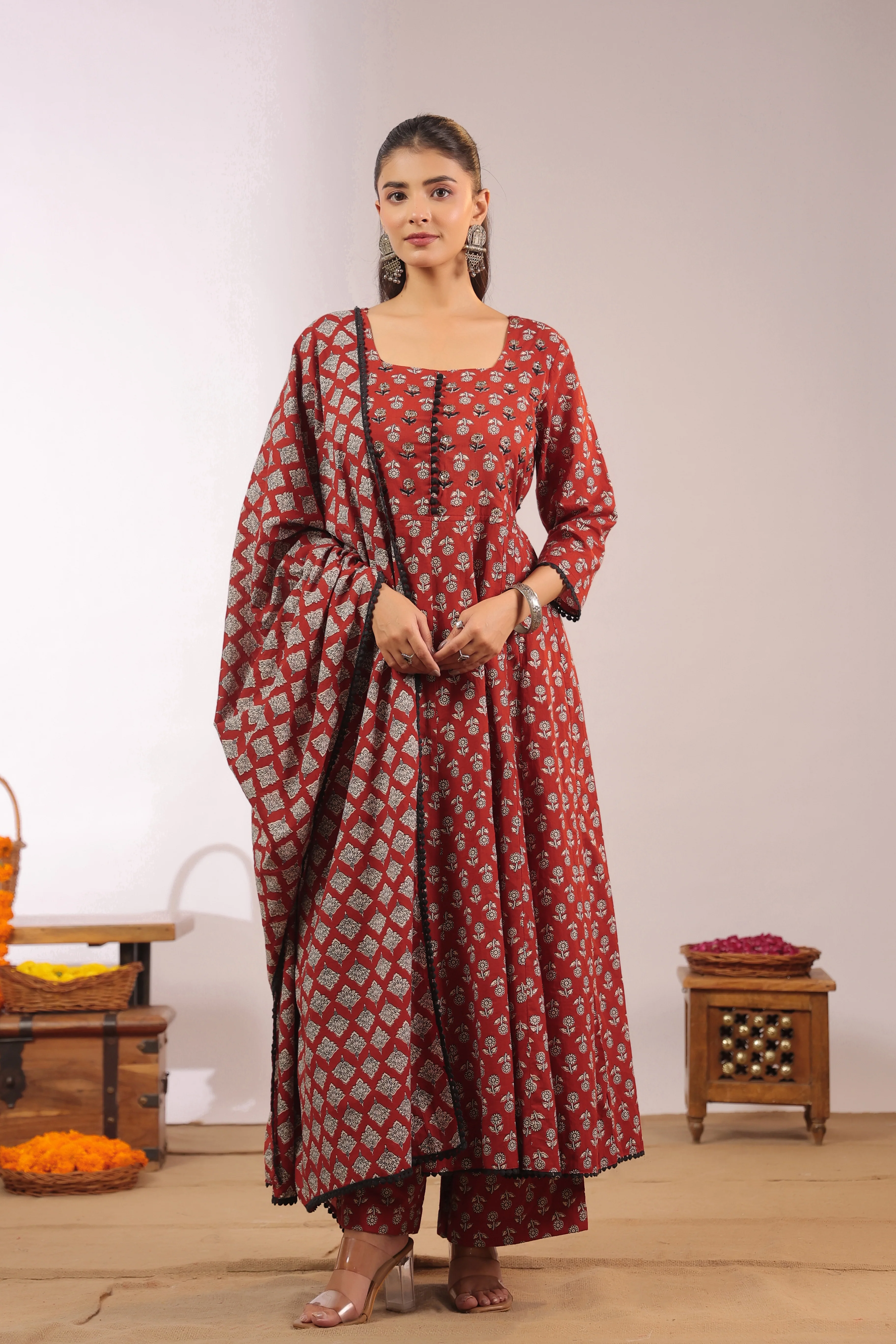 Gunjal Cotton Ajrakh HandEmbroidered Anarkali Set - Image 4