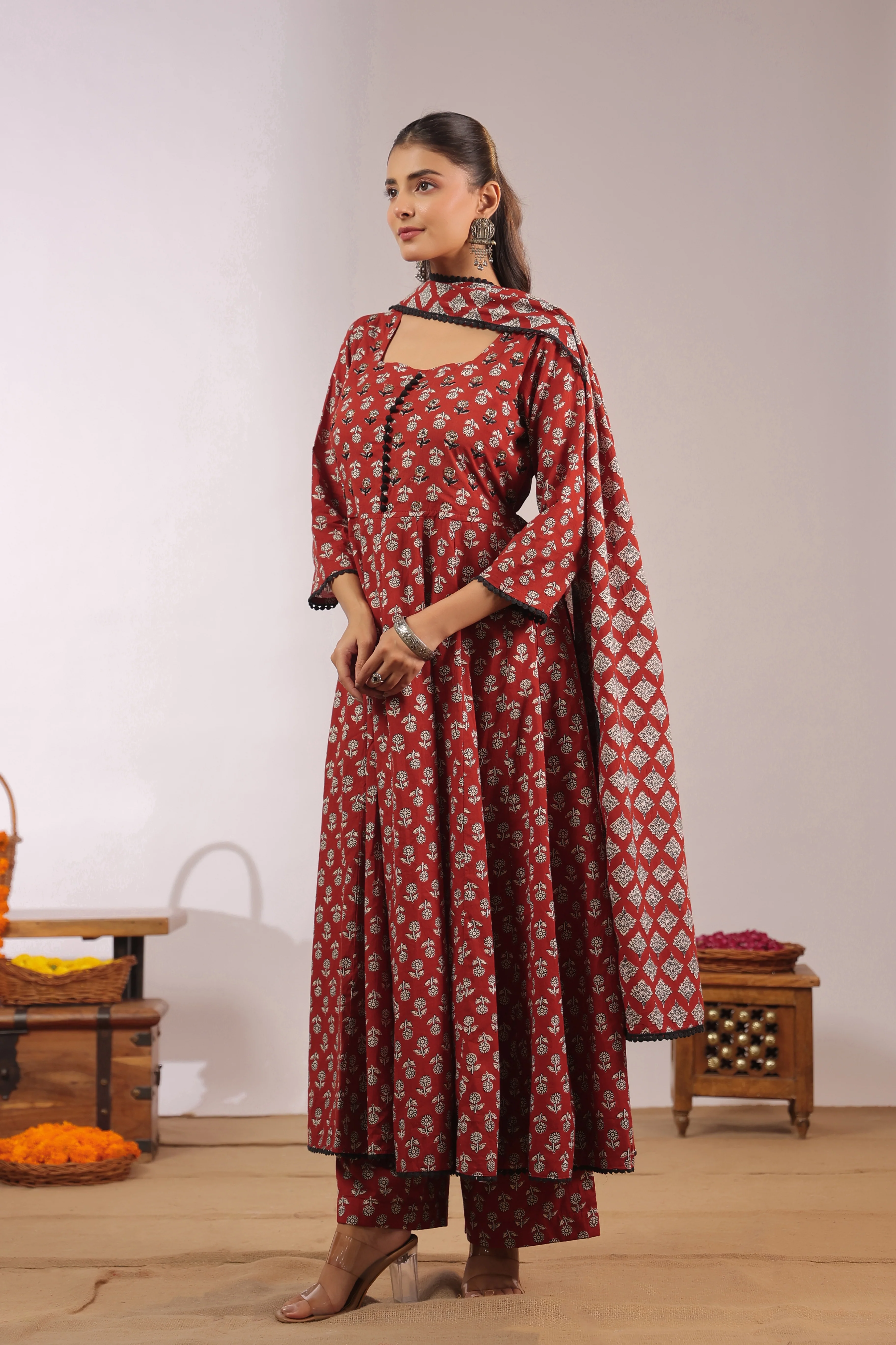 Gunjal Cotton Ajrakh HandEmbroidered Anarkali Set - Image 5