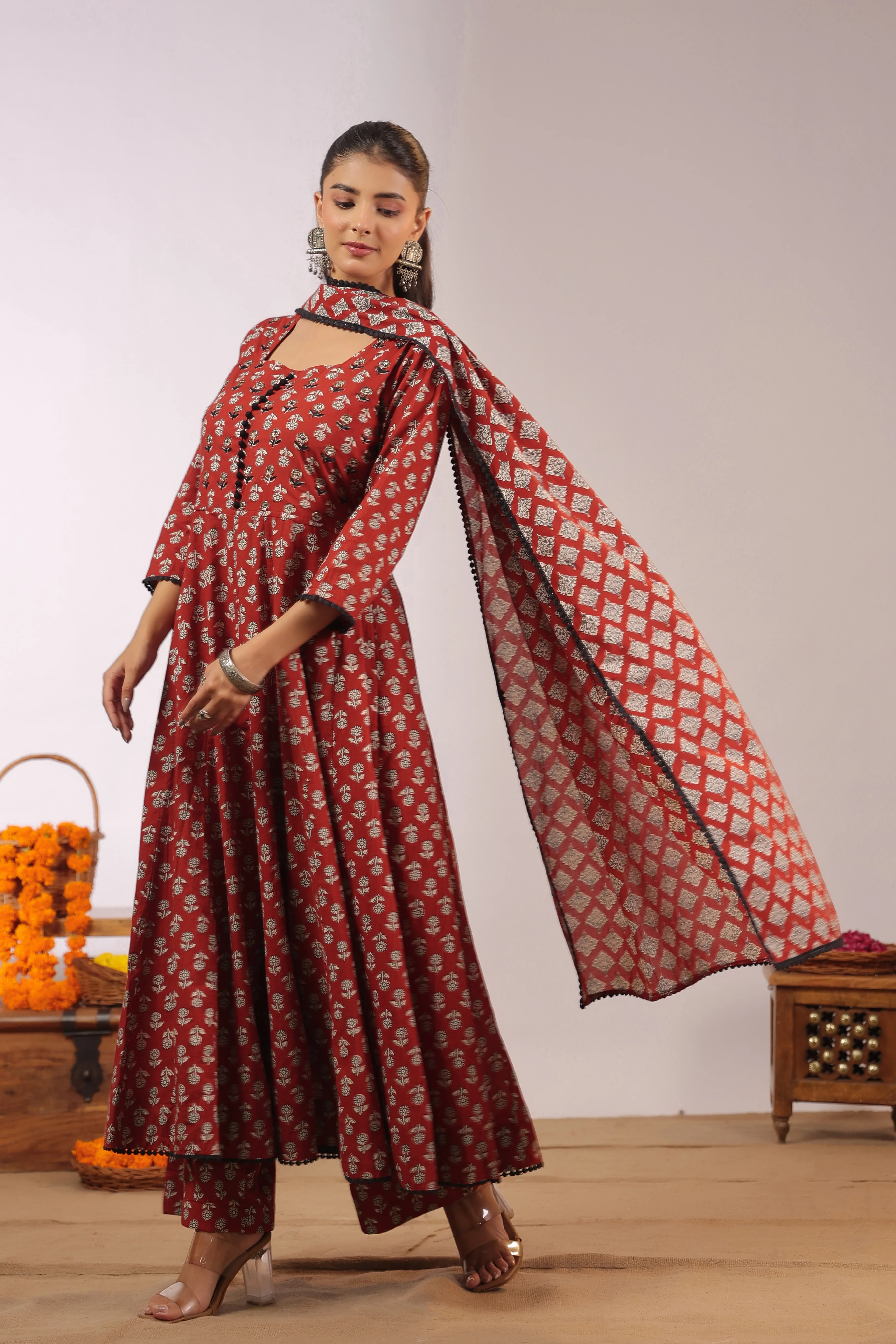 Gunjal Cotton Ajrakh HandEmbroidered Anarkali Set - Image 7