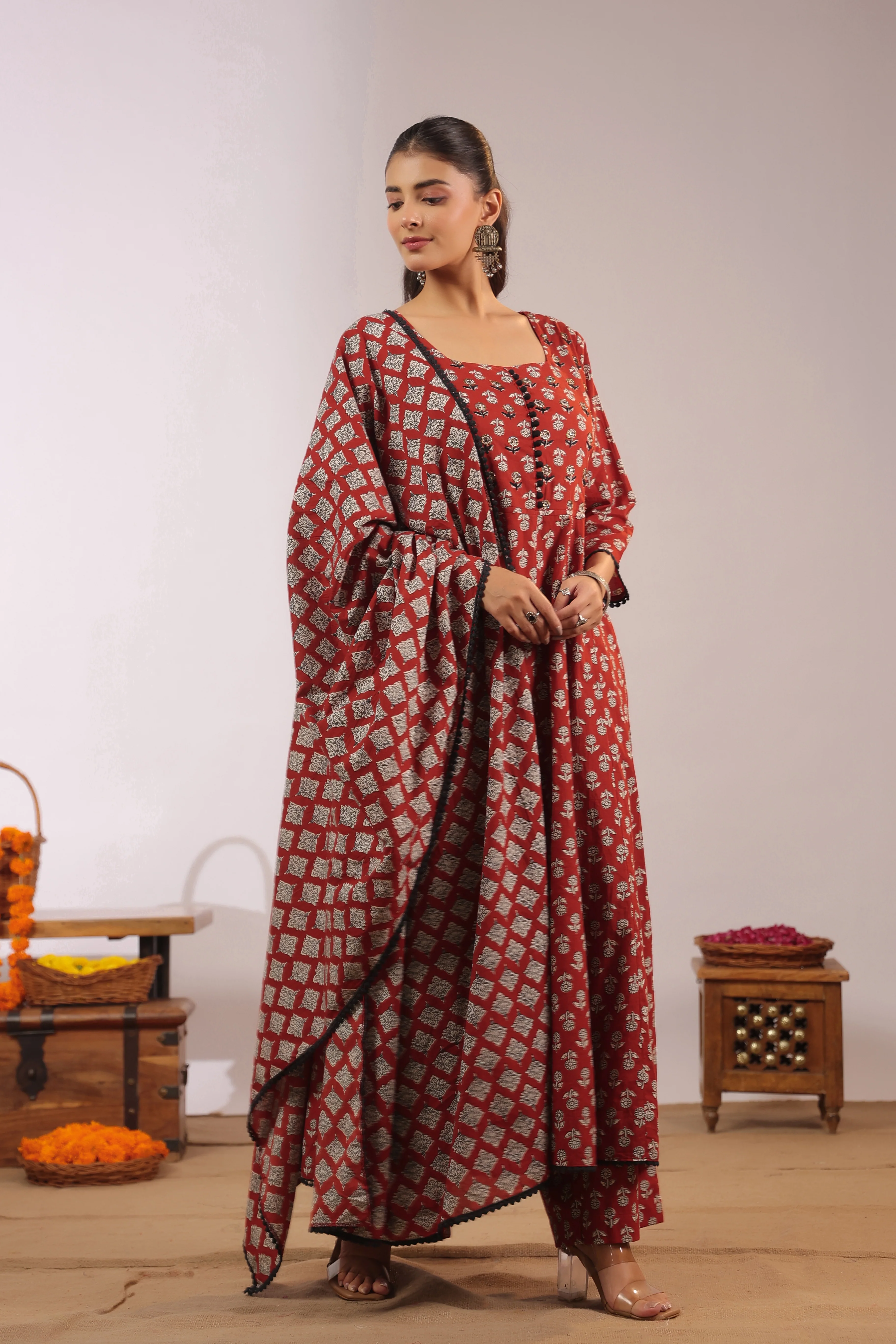 Gunjal Cotton Ajrakh HandEmbroidered Anarkali Set - Image 9