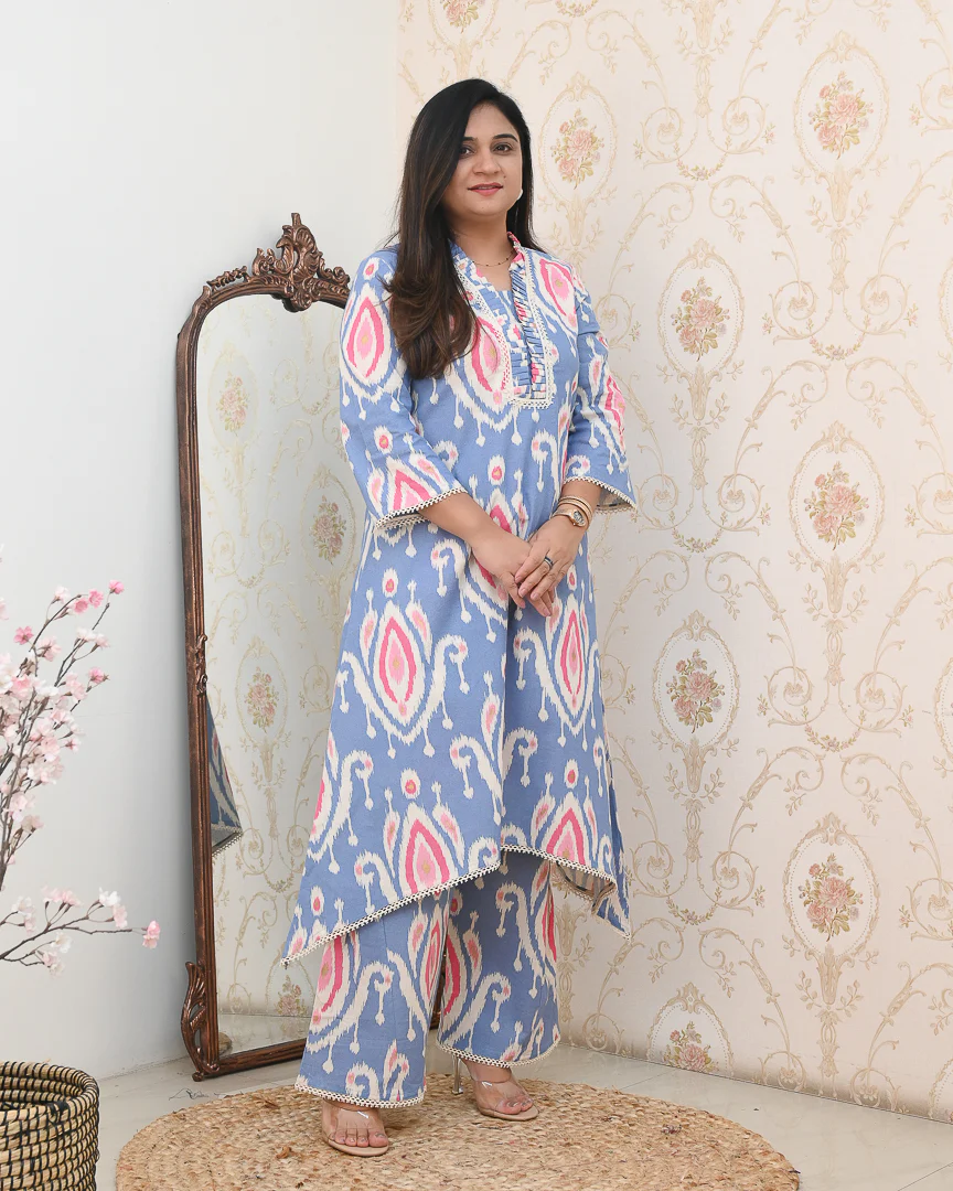 Ikkat Cotton Asymmetric A-line Casual Coord Set - Image 4