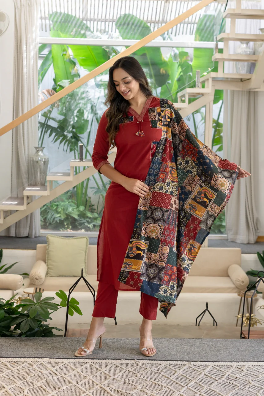 Ira cotton Ajrakh Katha detailed straight Pant Set - Image 11