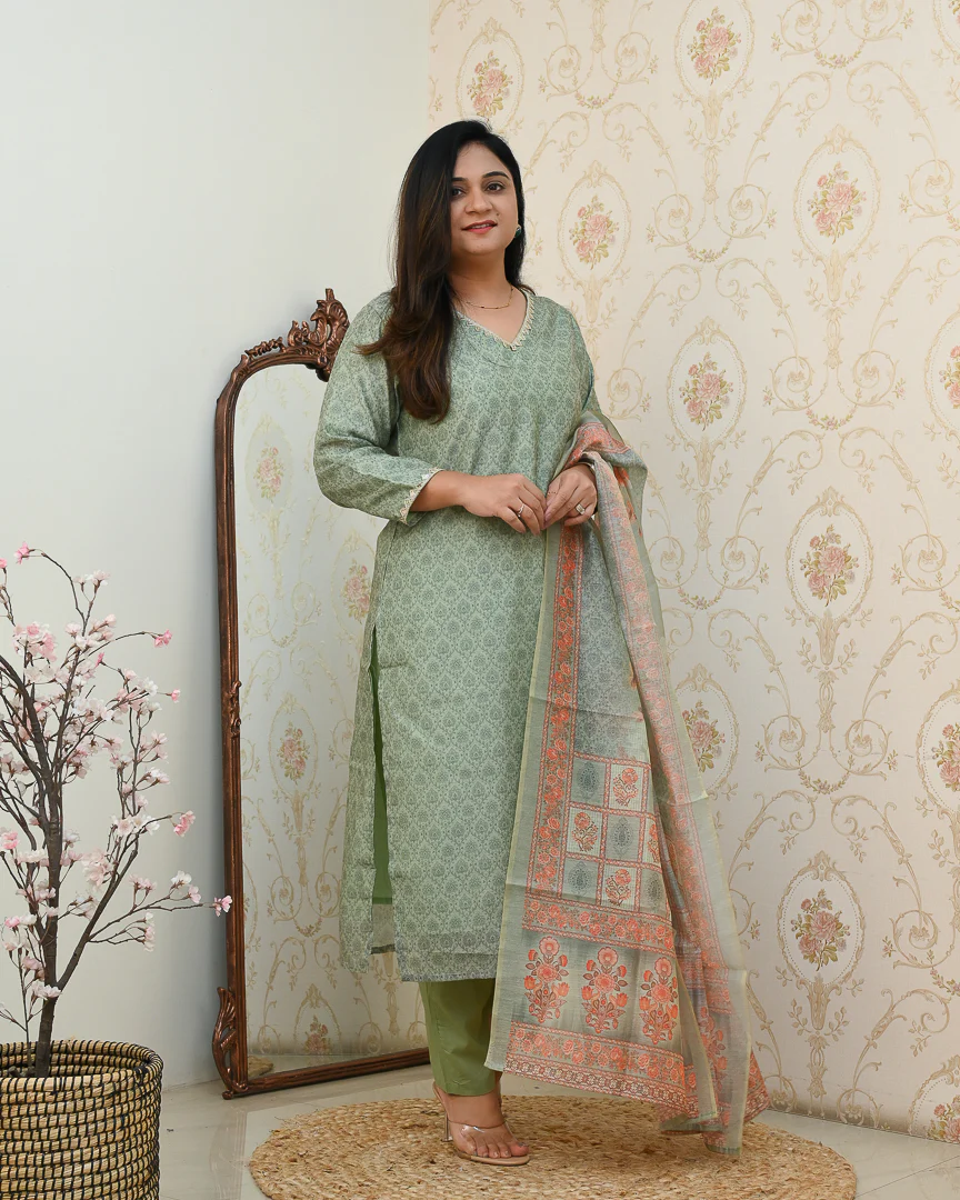 Khanak Handblock Print Embroidered Chanderi Pant Set - Image 10