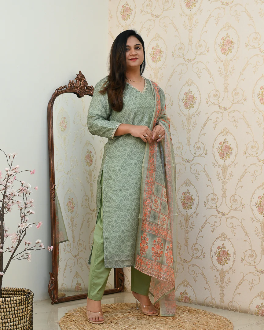 Khanak Handblock Print Embroidered Chanderi Pant Set - Image 9