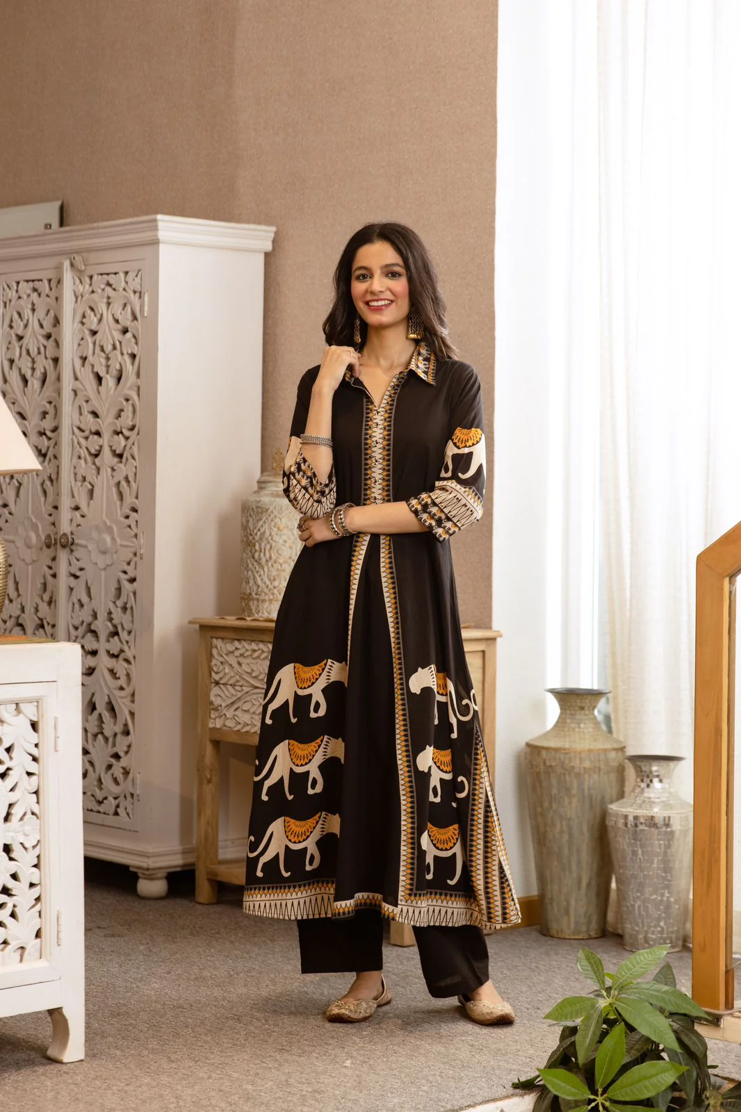 Kiara Black Tribal Bagh Cotton BeadWork Kurta Set