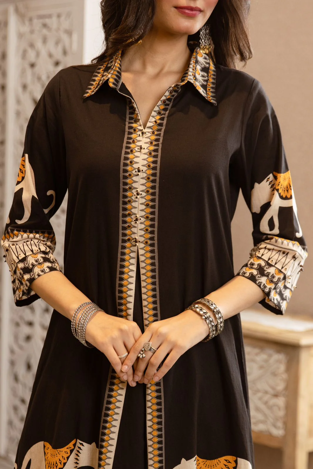 Kiara Black Tribal Bagh Cotton BeadWork Kurta Set - Image 4