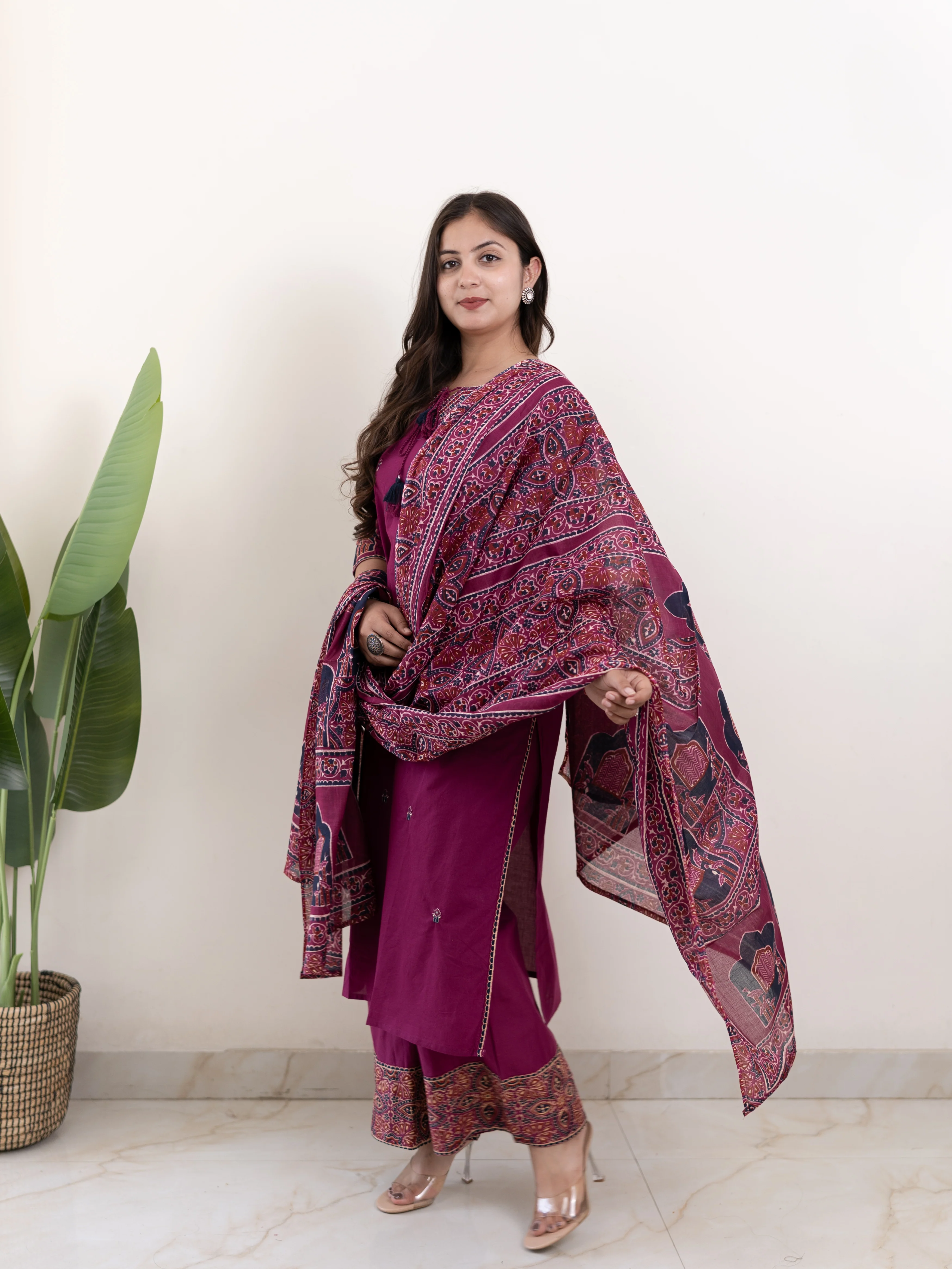Komal Purple Ajrakh Cotton Embroidered Dupatta set - Image 2