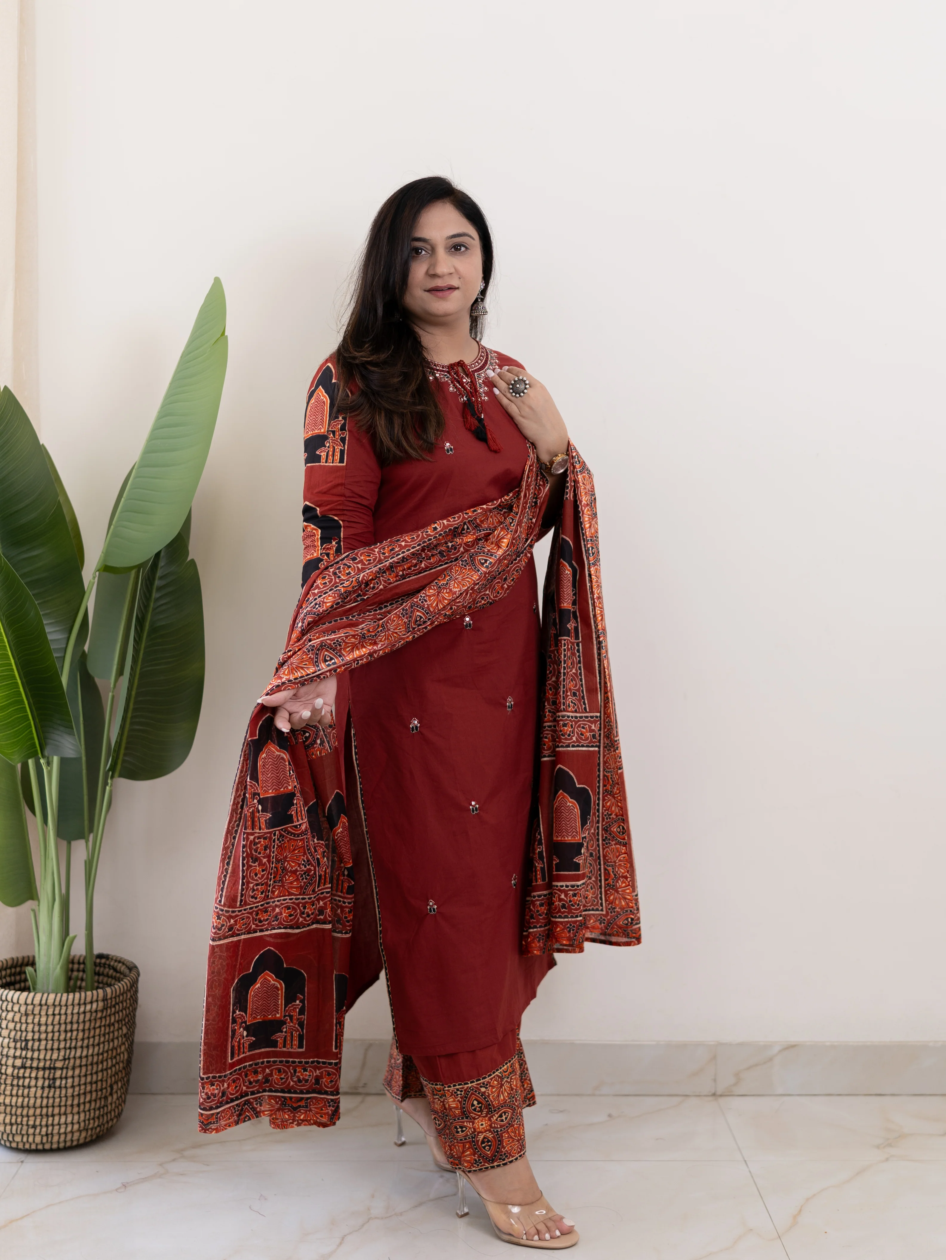 Komal Red Ajrakh Cotton Embroidered Dupatta set - Image 2