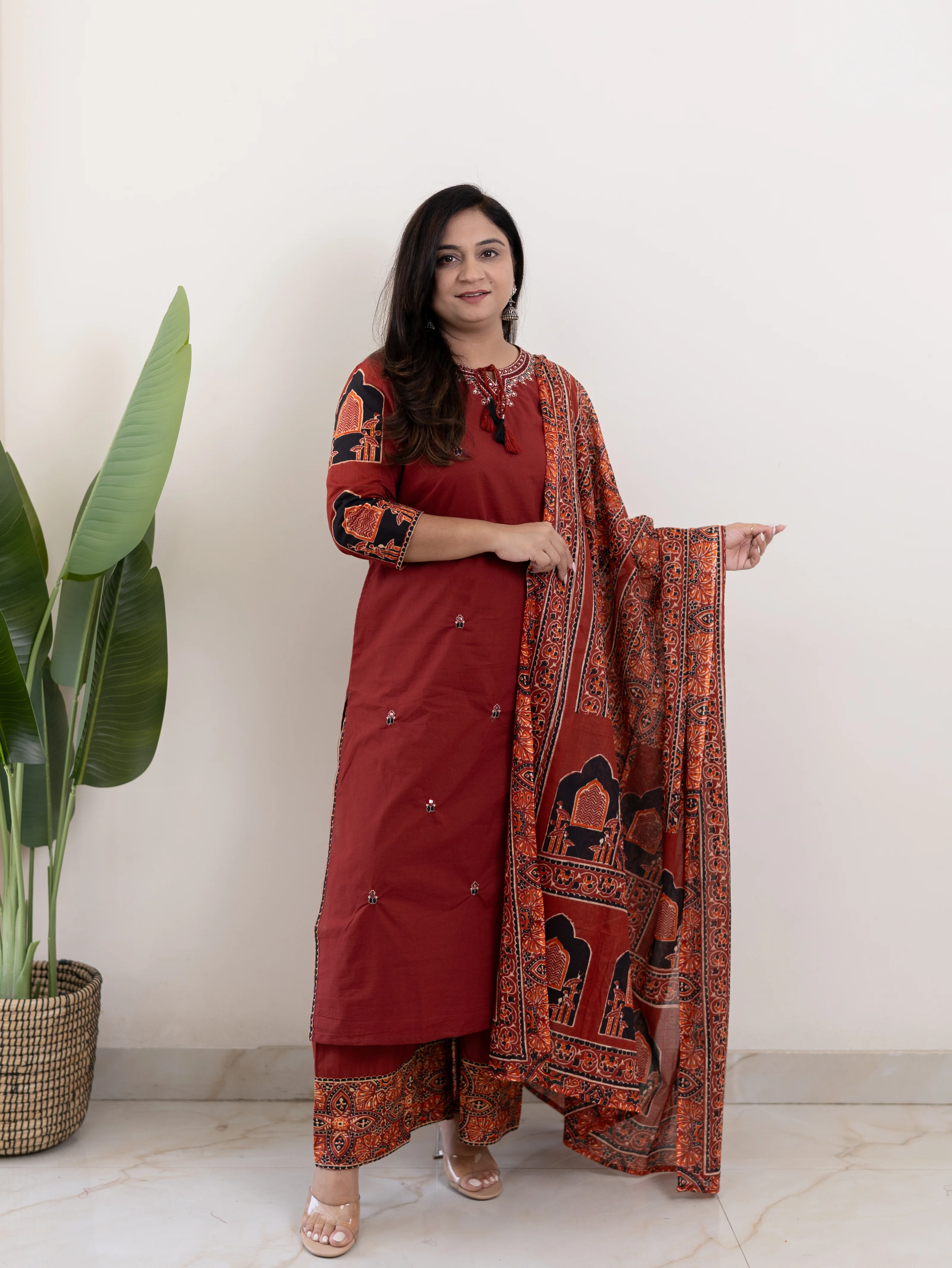 Komal Red Ajrakh Cotton Embroidered Dupatta set - Image 3