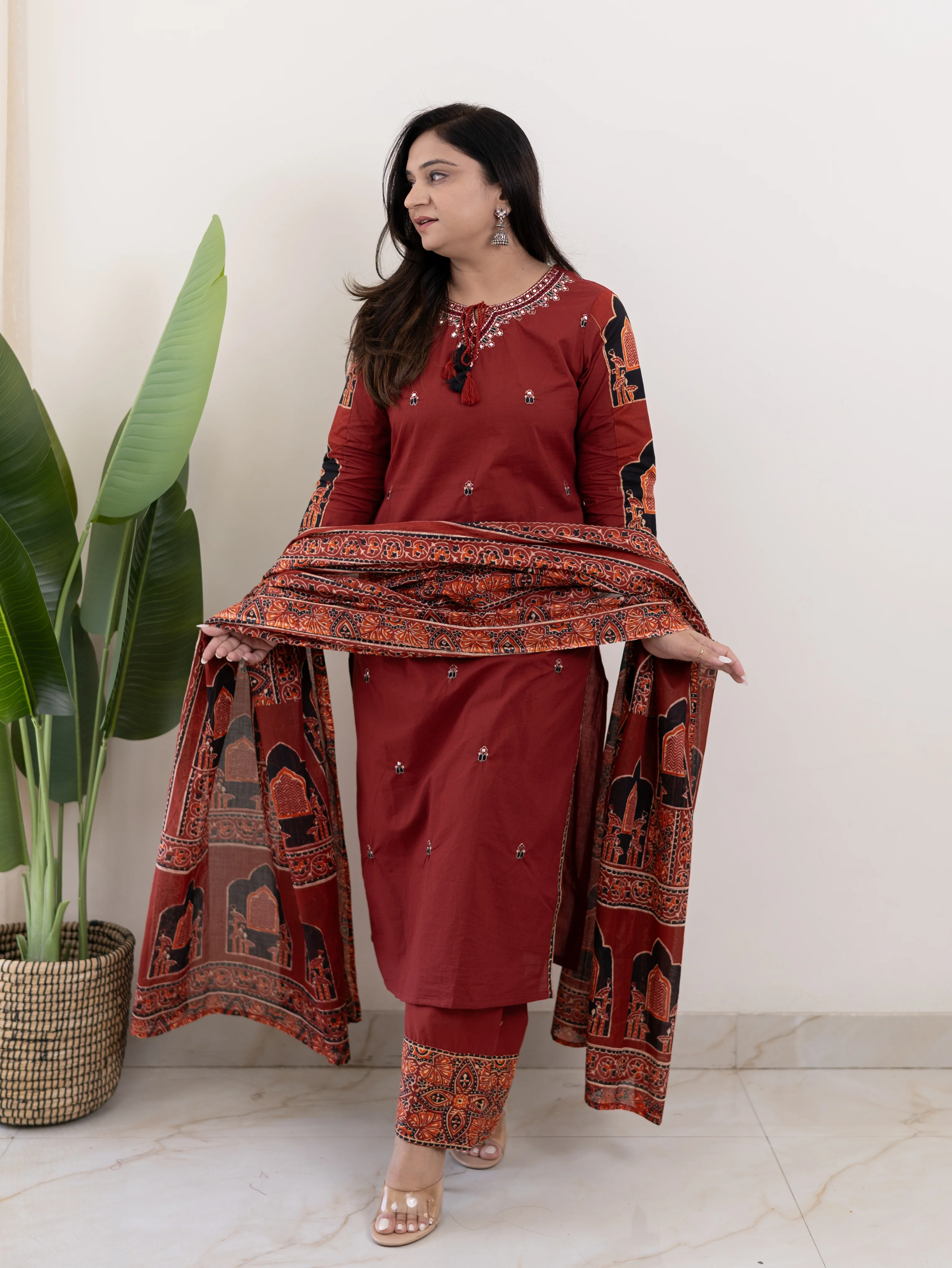 Komal Red Ajrakh Cotton Embroidered Dupatta set - Image 4