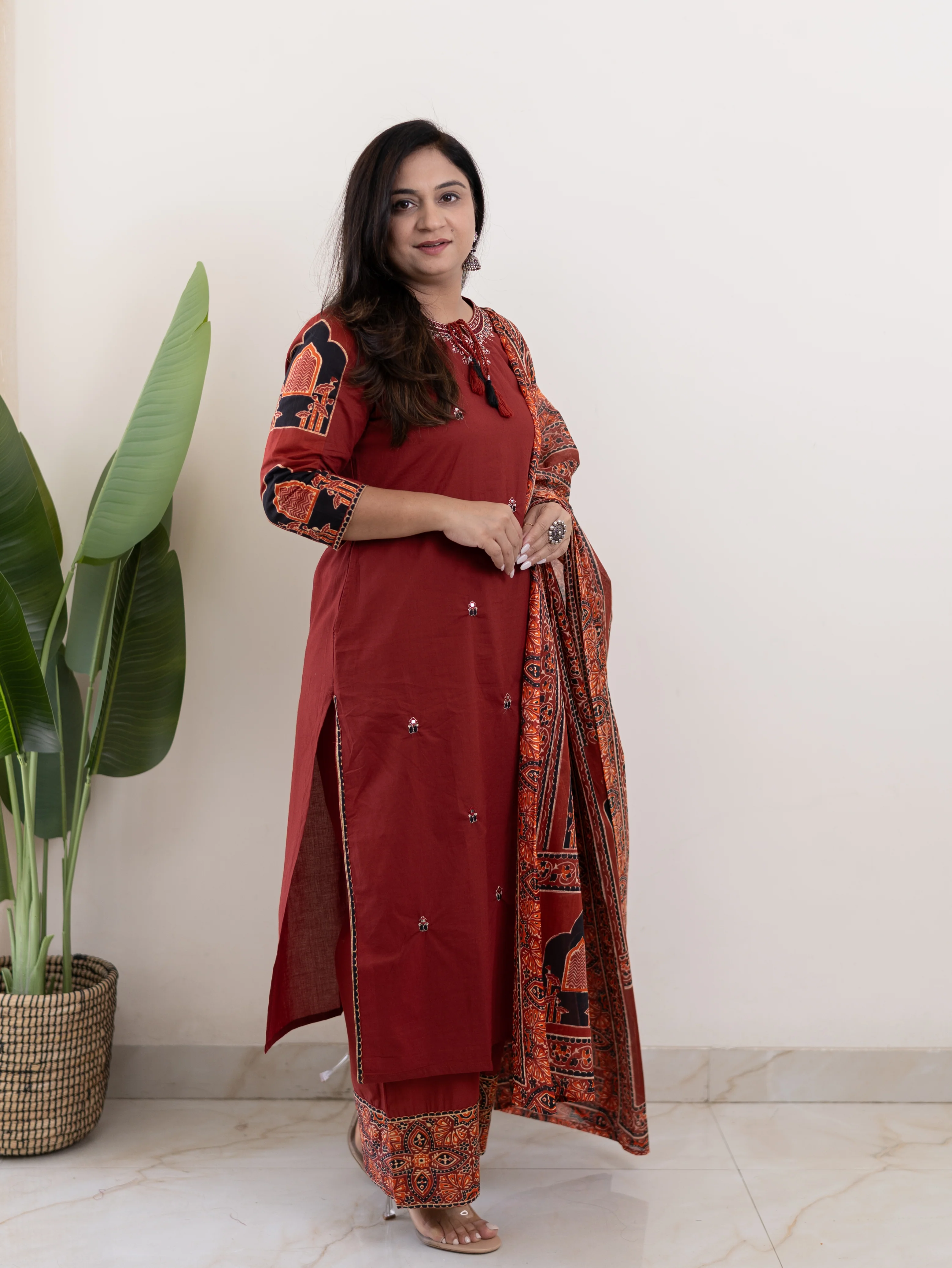 Komal Red Ajrakh Cotton Embroidered Dupatta set - Image 6