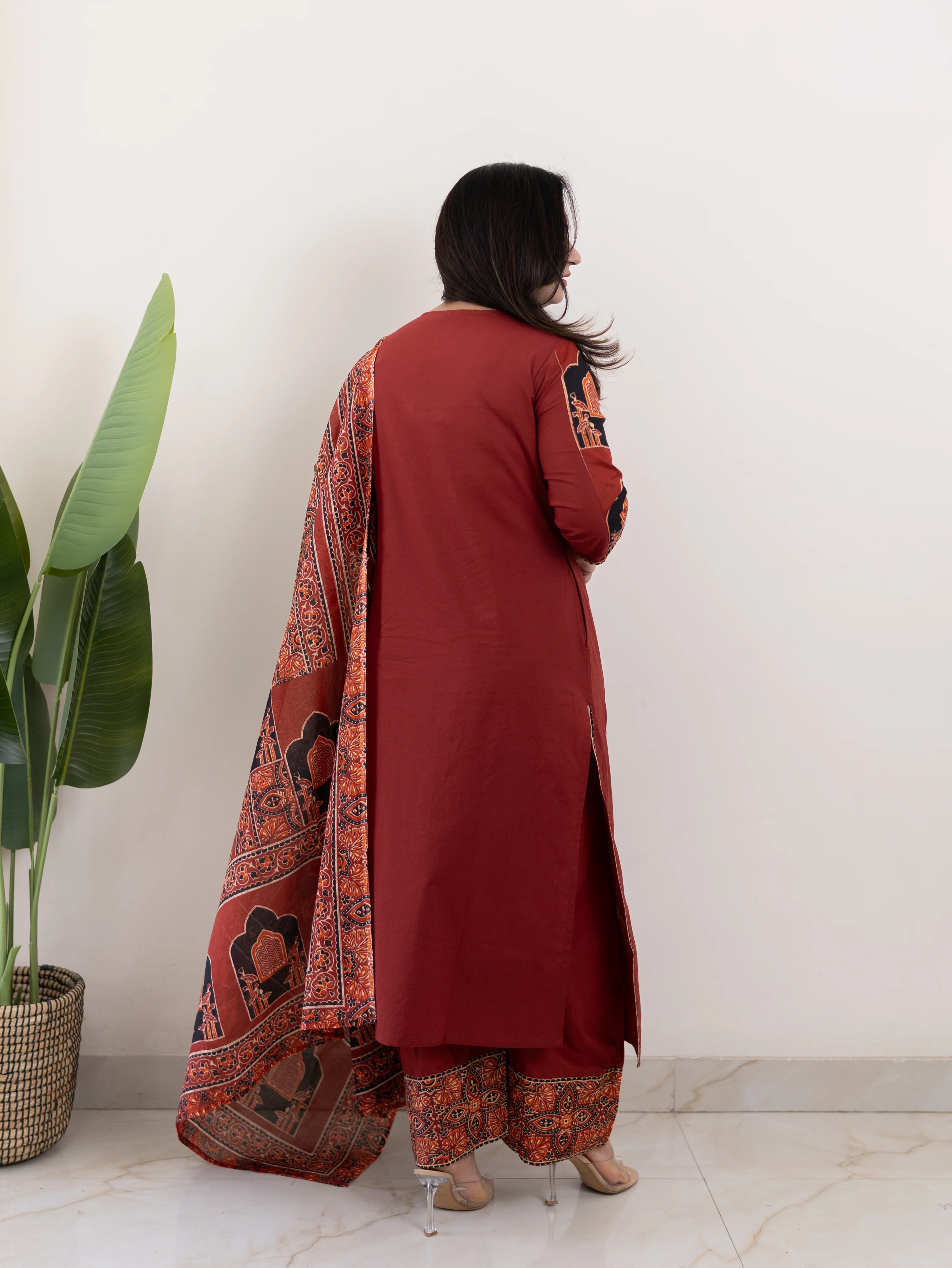 Komal Red Ajrakh Cotton Embroidered Dupatta set - Image 7