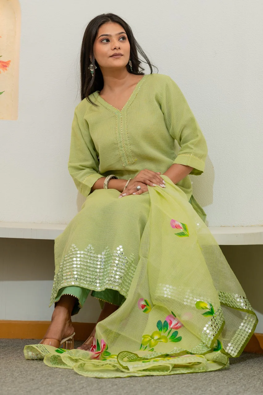 Kota Doria HandPainted Embroidered Pant Set - Image 3