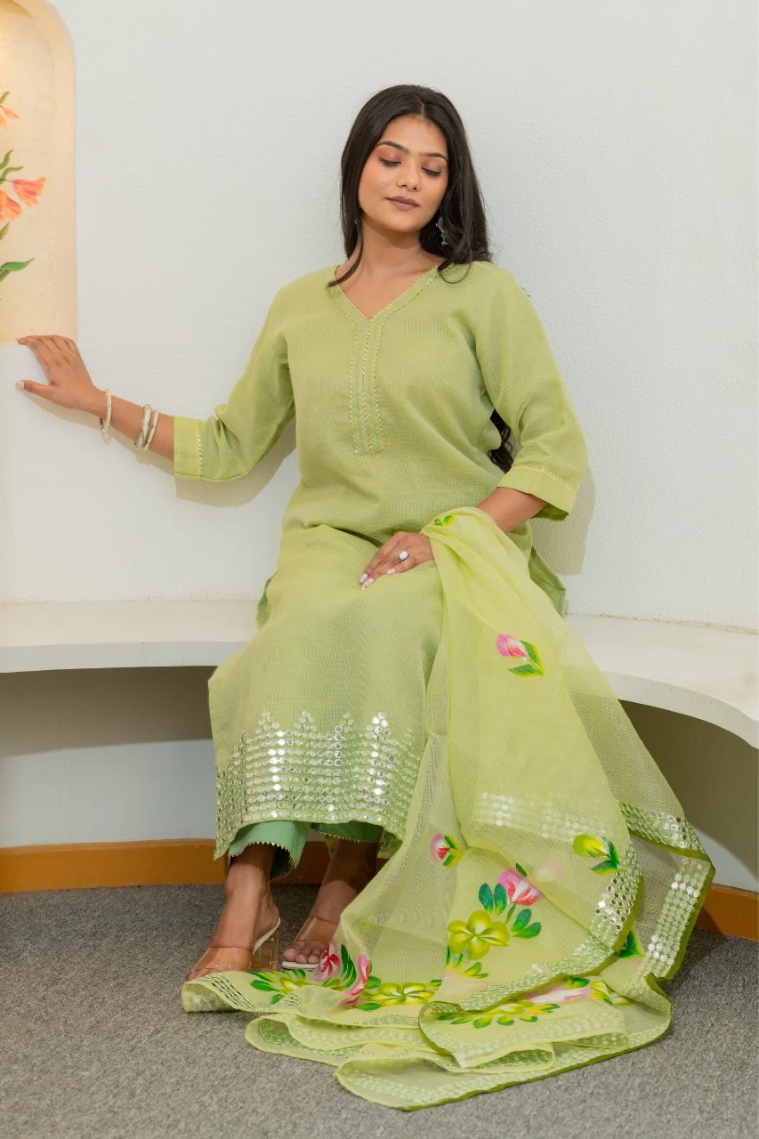 Kota Doria HandPainted Embroidered Pant Set - Image 4