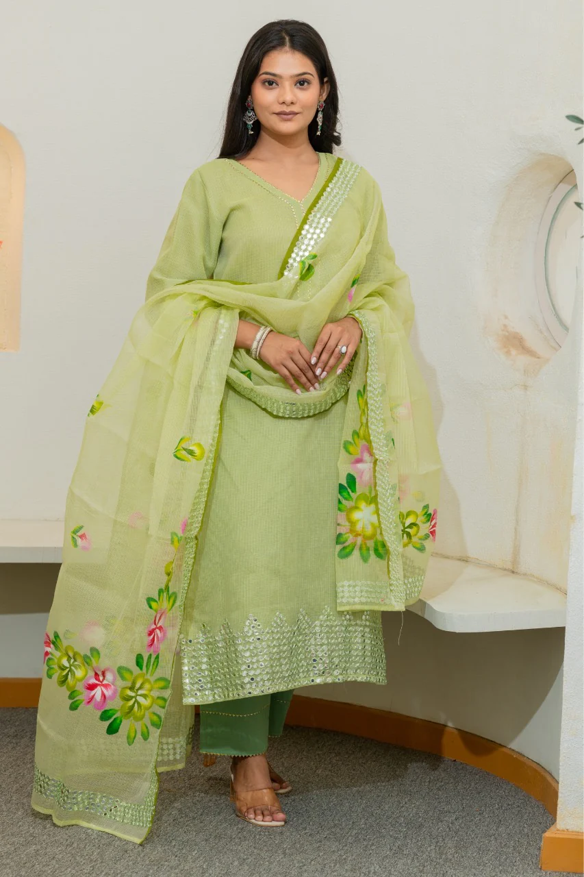 Kota Doria HandPainted Embroidered Pant Set - Image 6