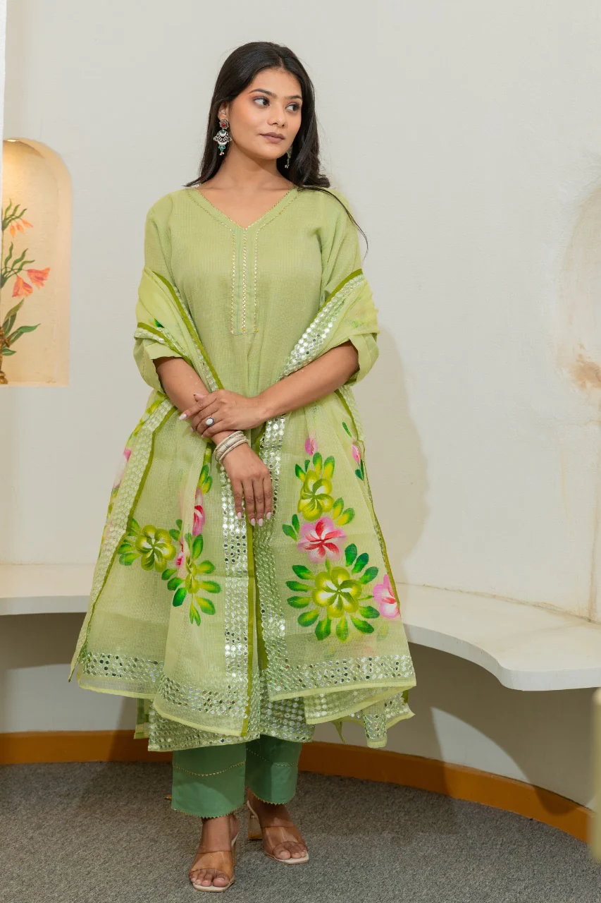 Kota Doria HandPainted Embroidered Pant Set - Image 7