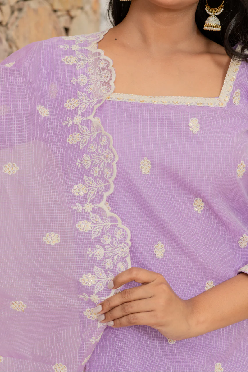 Lavender Kota Doria Embroidered Festive Pant Set - Image 4
