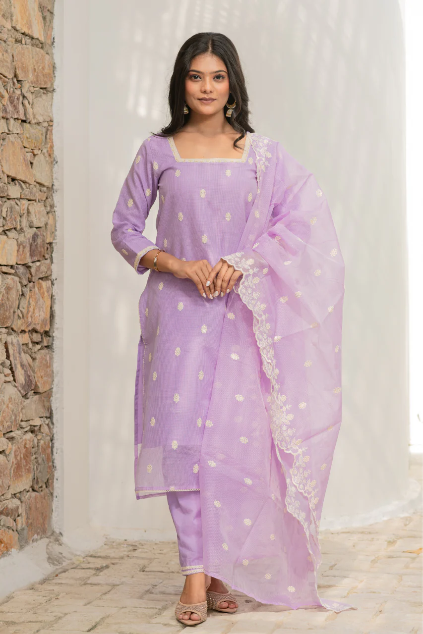 Lavender Kota Doria Embroidered Festive Pant Set - Image 5
