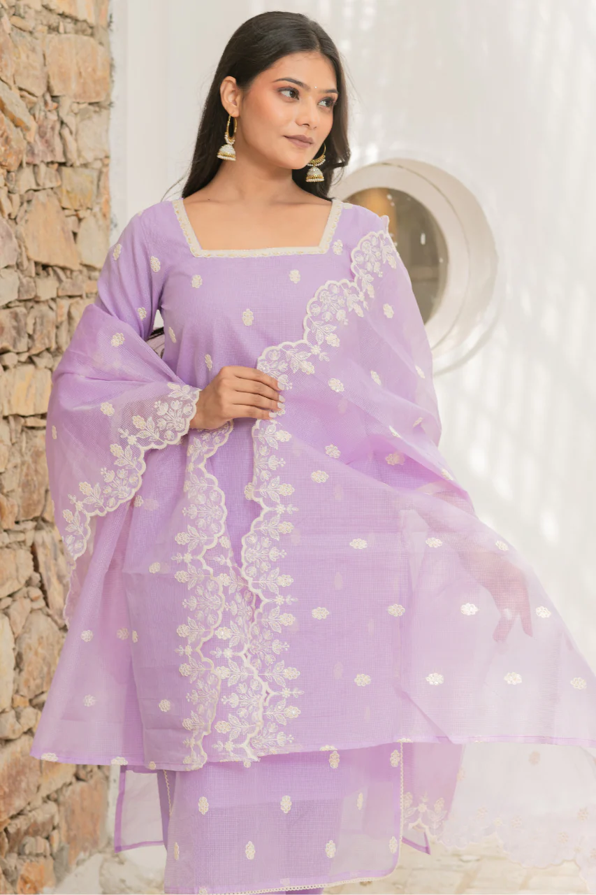 Lavender Kota Doria Embroidered Festive Pant Set - Image 7
