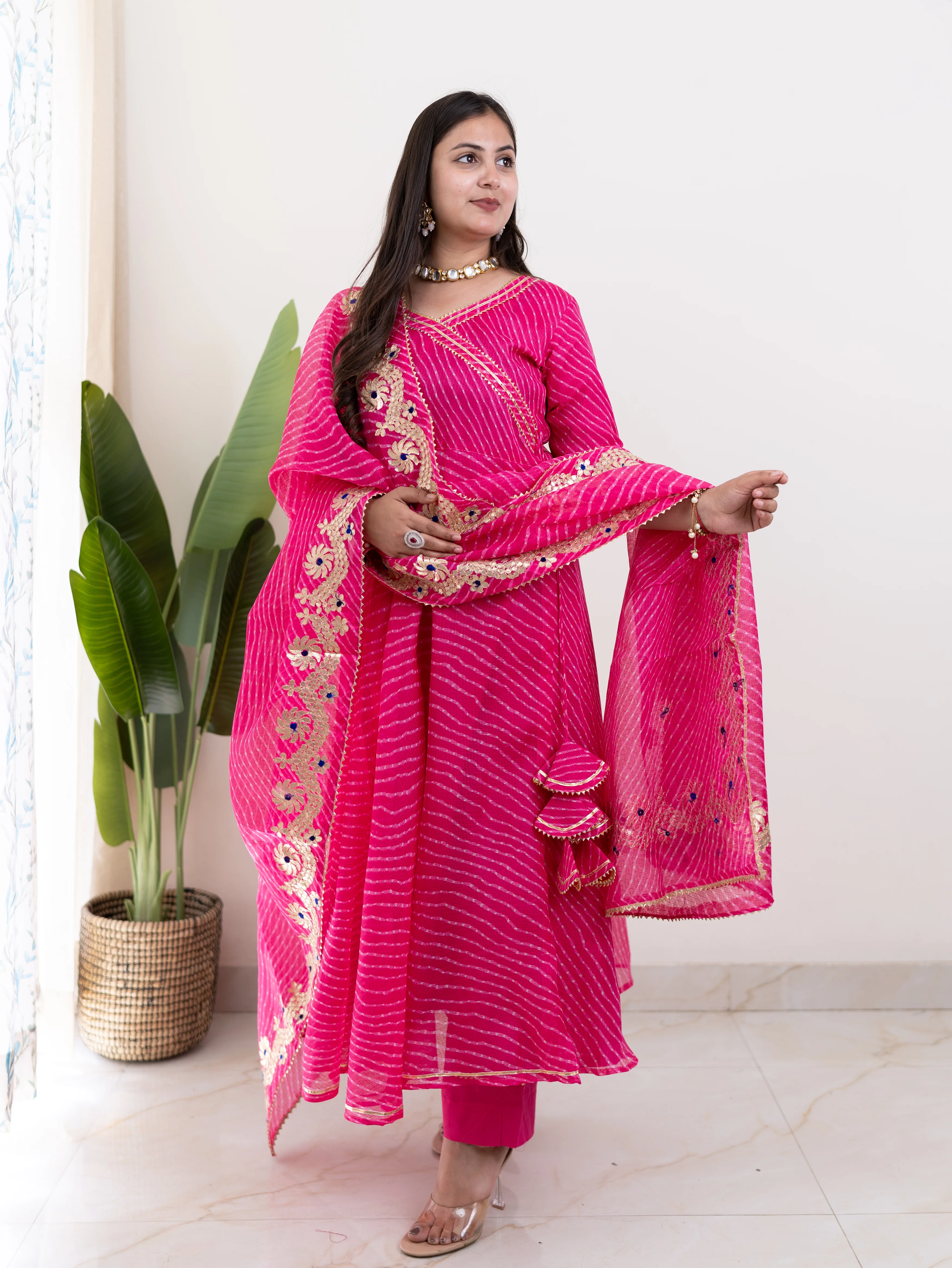 Mahira Pink Kota Doria Leheriya Gotta Detailed Anarkali Dupatta Set