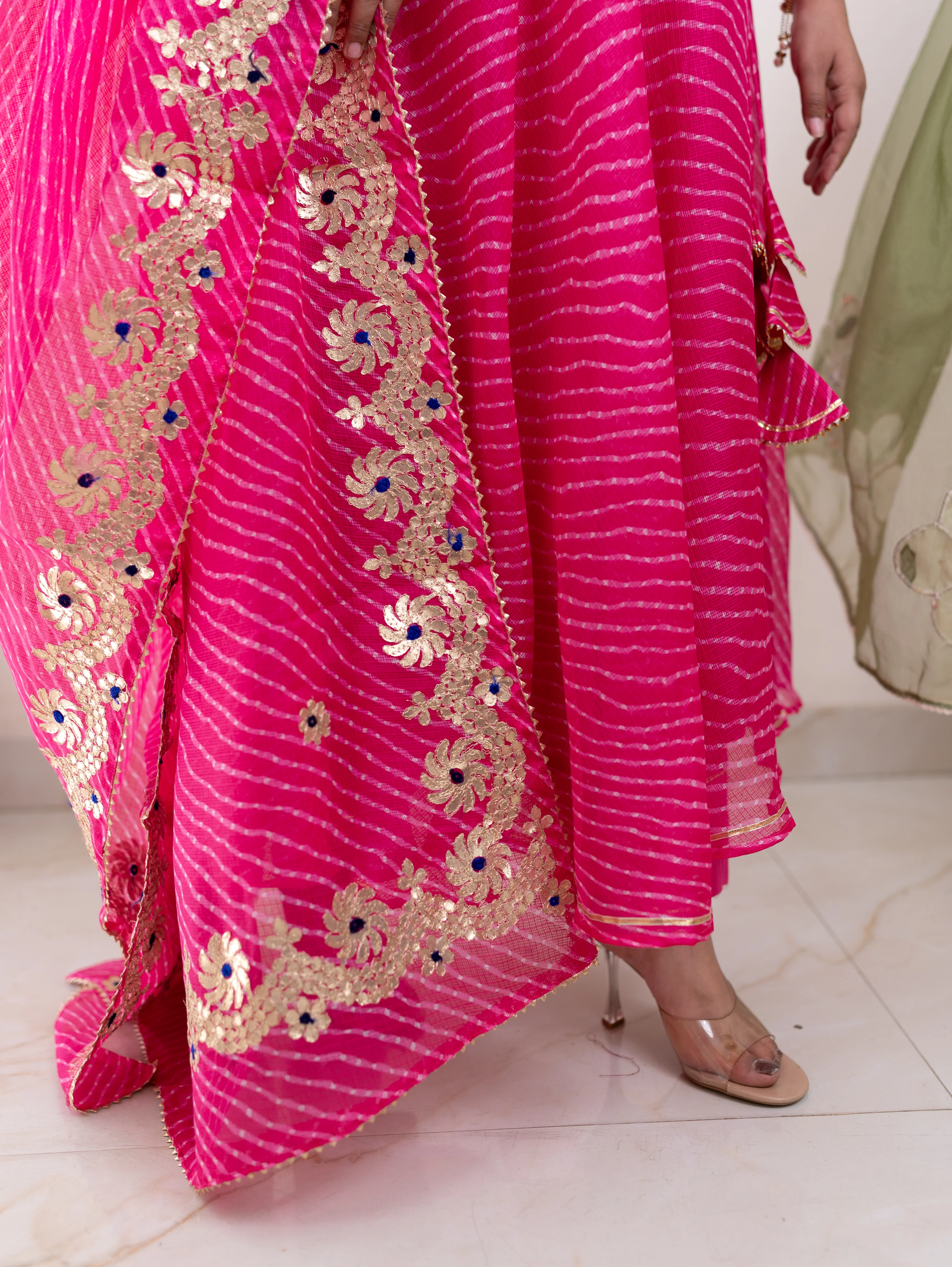 Mahira Pink Kota Doria Leheriya Gotta Detailed Anarkali Dupatta Set - Image 10
