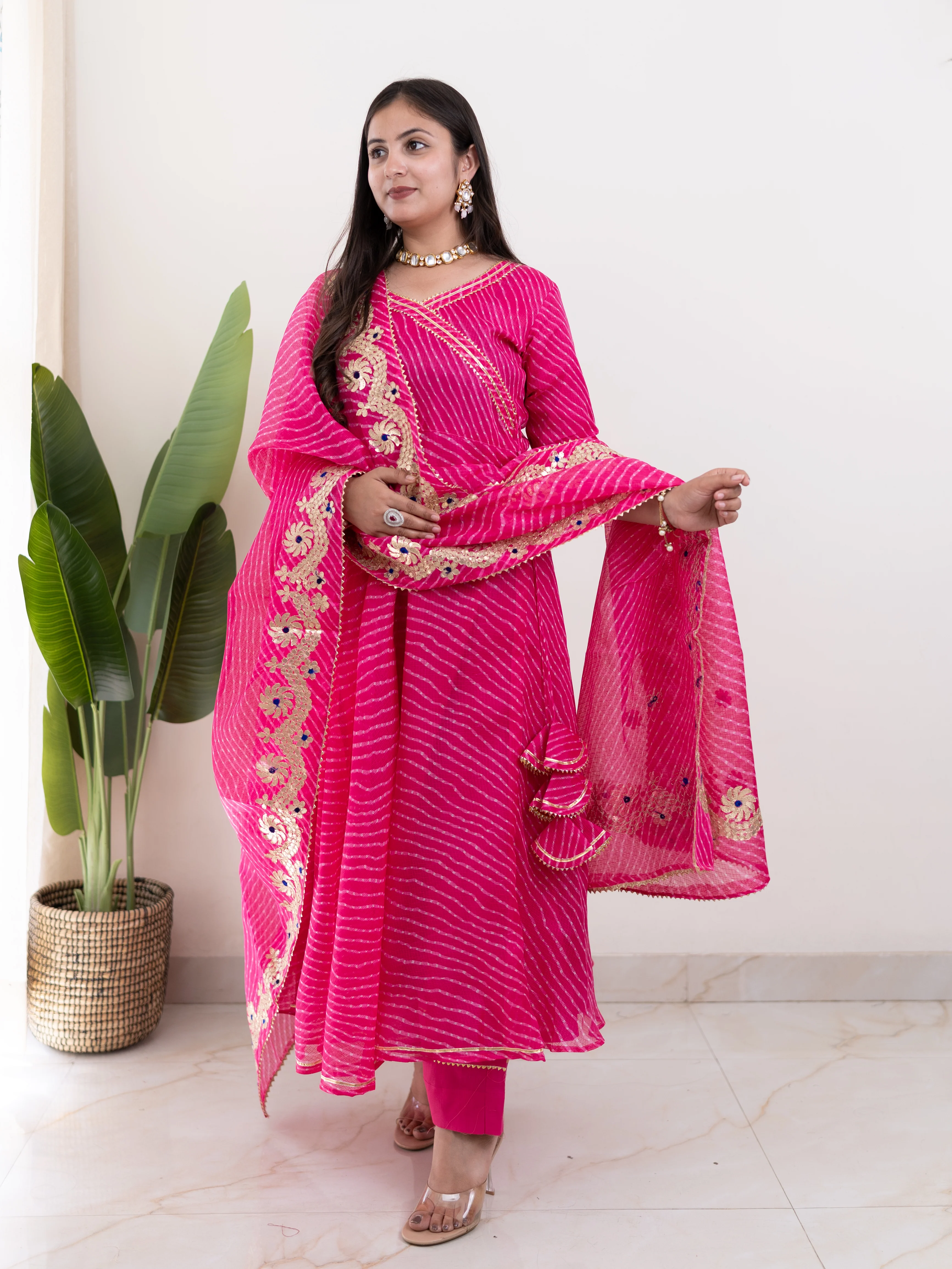 Mahira Pink Kota Doria Leheriya Gotta Detailed Anarkali Dupatta Set - Image 2