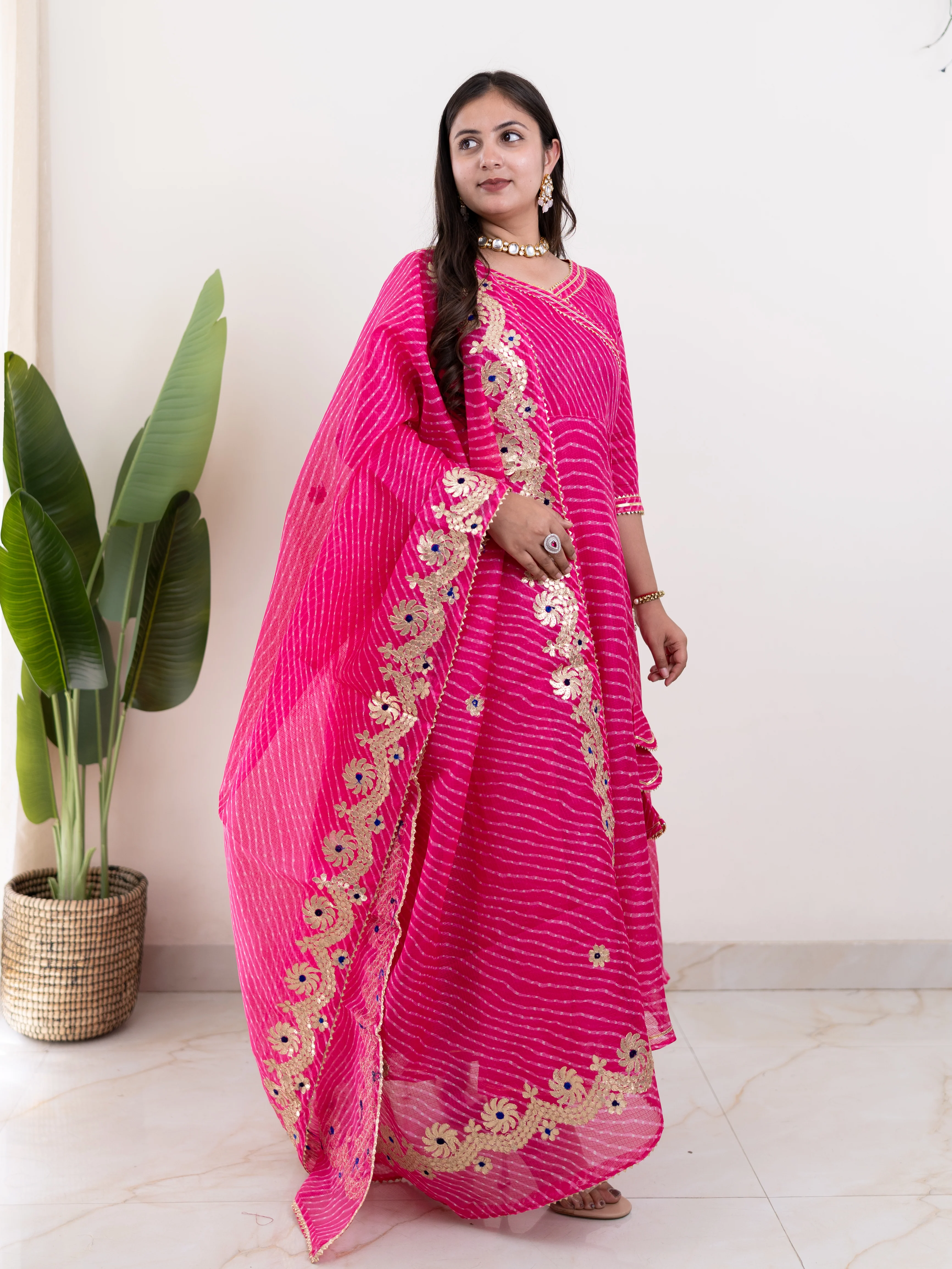 Mahira Pink Kota Doria Leheriya Gotta Detailed Anarkali Dupatta Set - Image 4