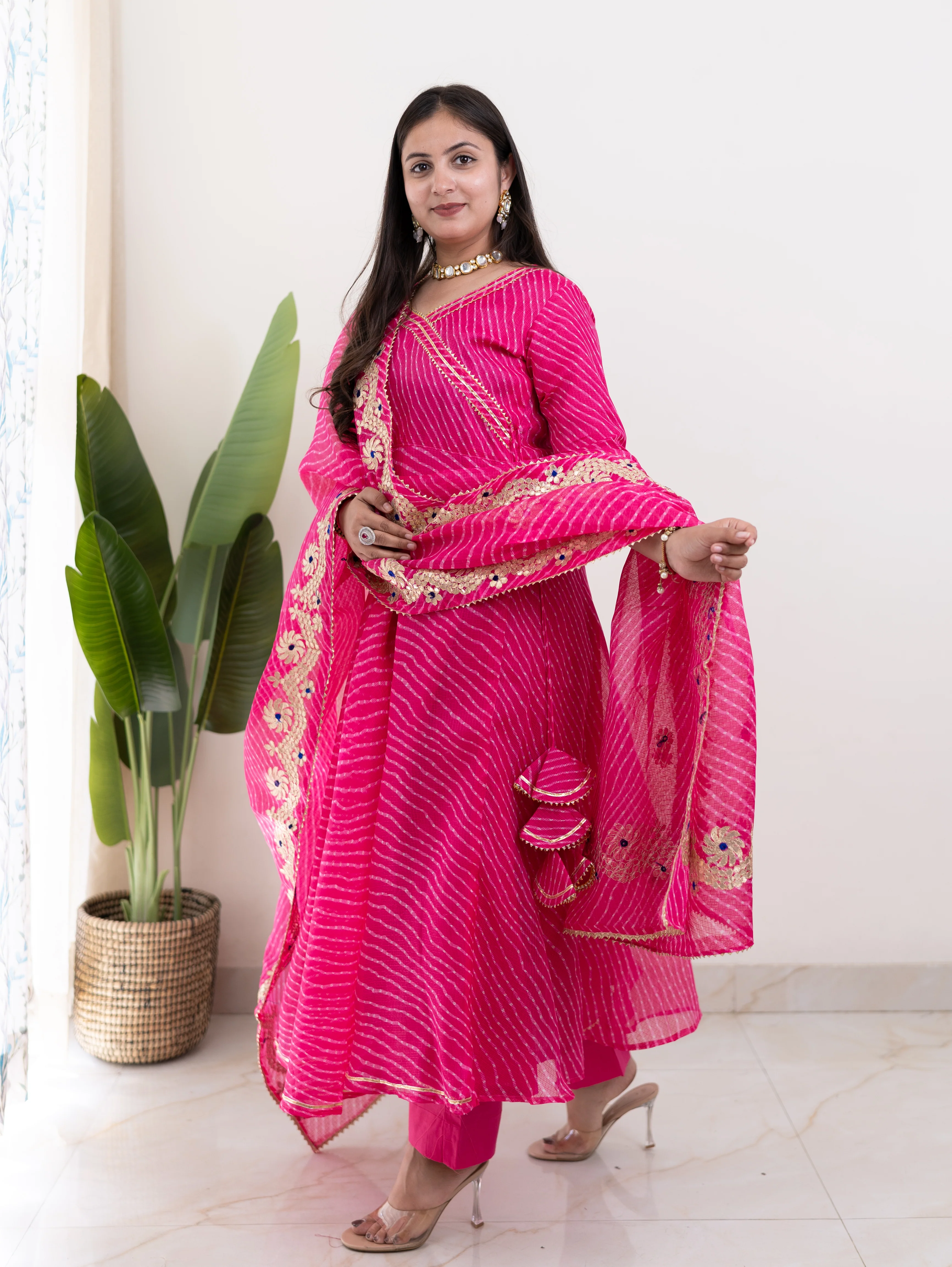 Mahira Pink Kota Doria Leheriya Gotta Detailed Anarkali Dupatta Set - Image 5