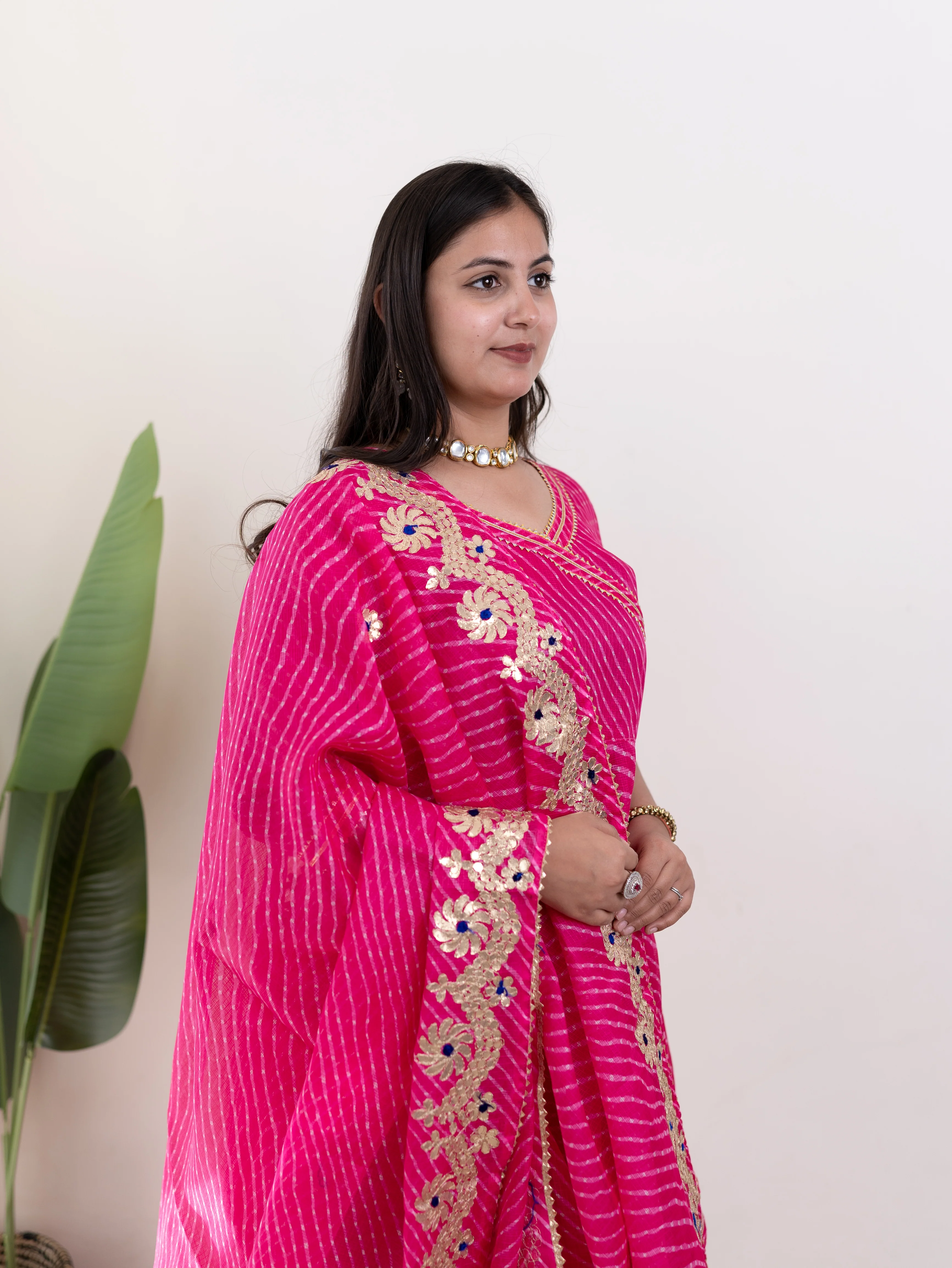 Mahira Pink Kota Doria Leheriya Gotta Detailed Anarkali Dupatta Set - Image 6