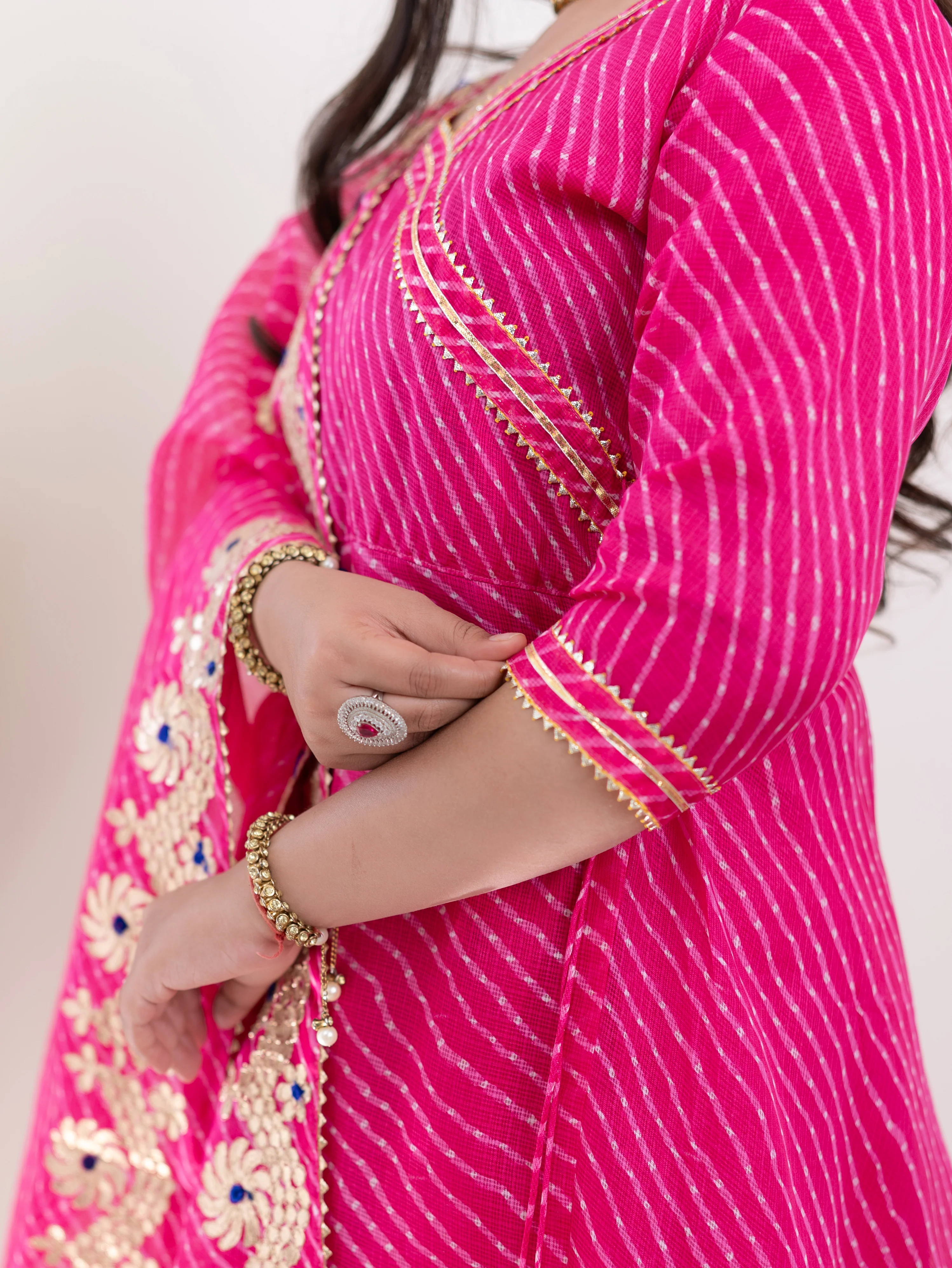 Mahira Pink Kota Doria Leheriya Gotta Detailed Anarkali Dupatta Set - Image 9