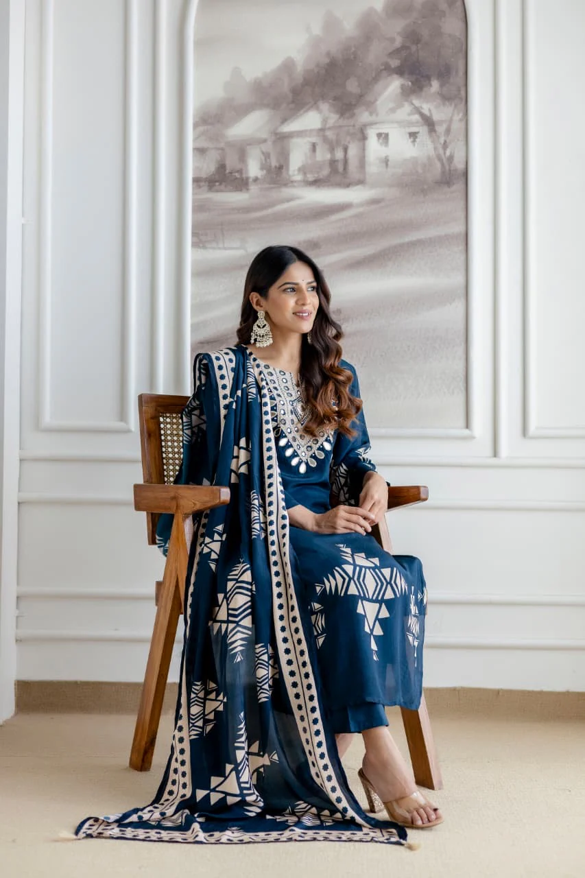 Mansi Crepe Deep Blue HandEmbroidered Pant Set