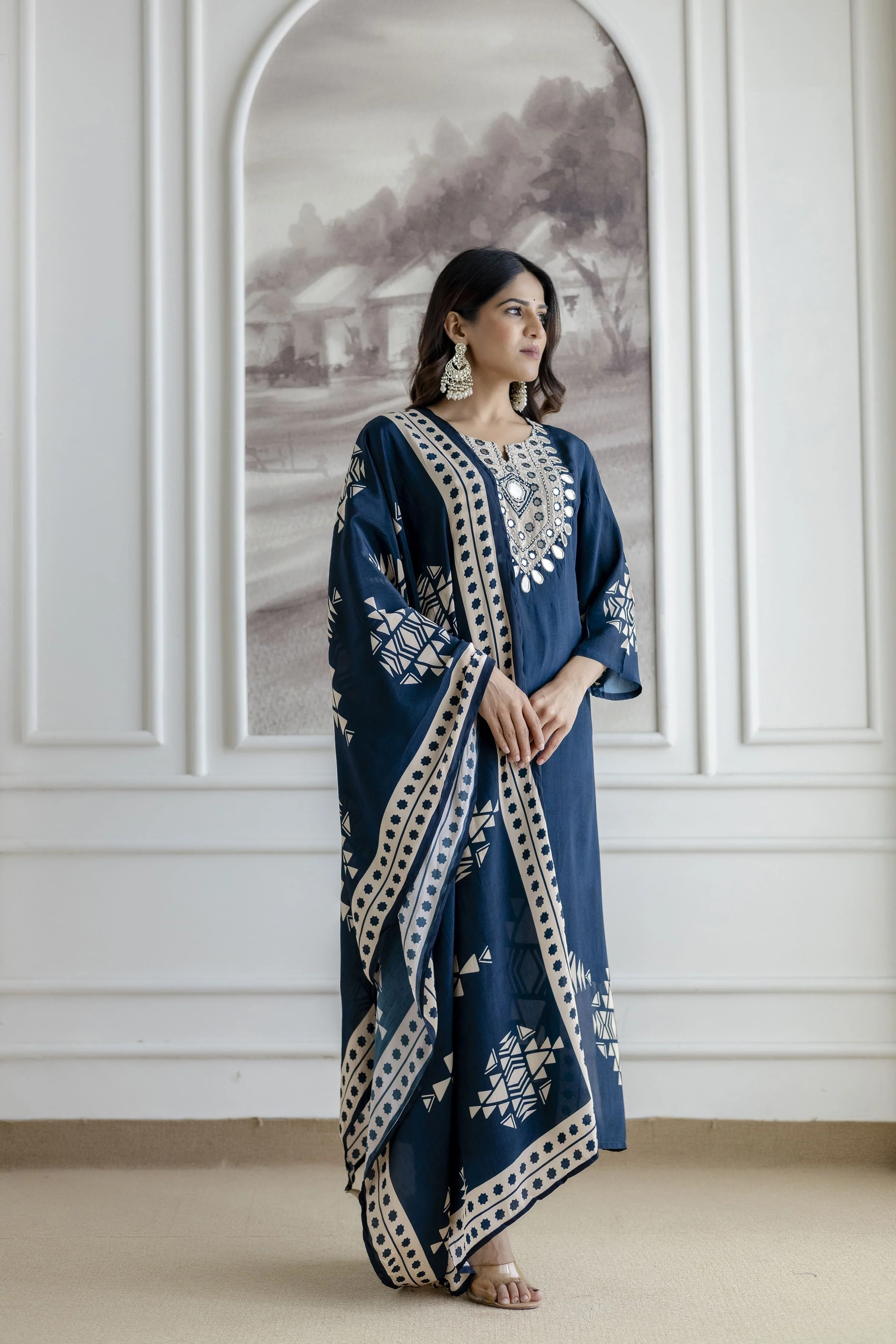 Mansi Crepe Deep Blue HandEmbroidered Pant Set - Image 3