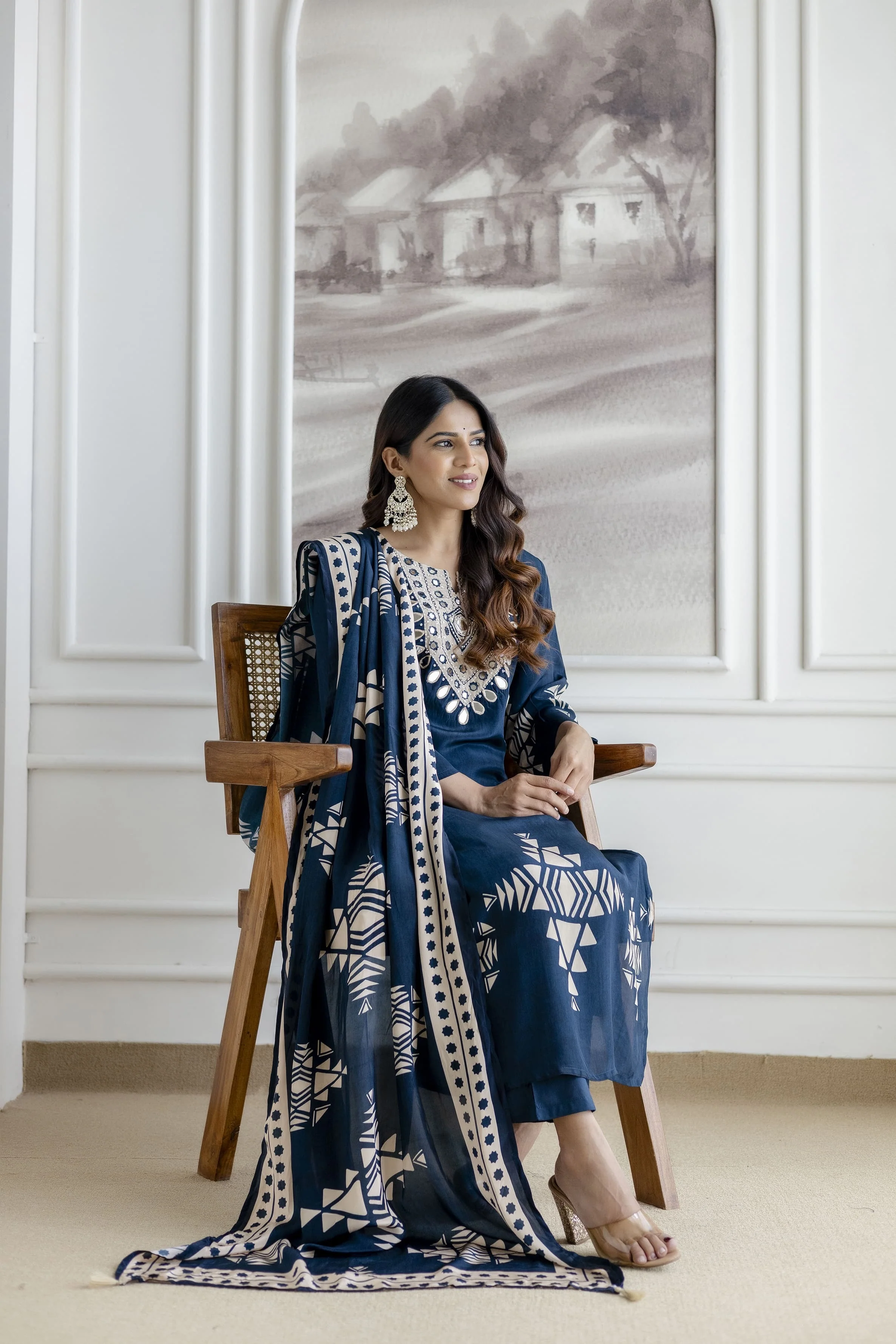 Mansi Crepe Deep Blue HandEmbroidered Pant Set - Image 5