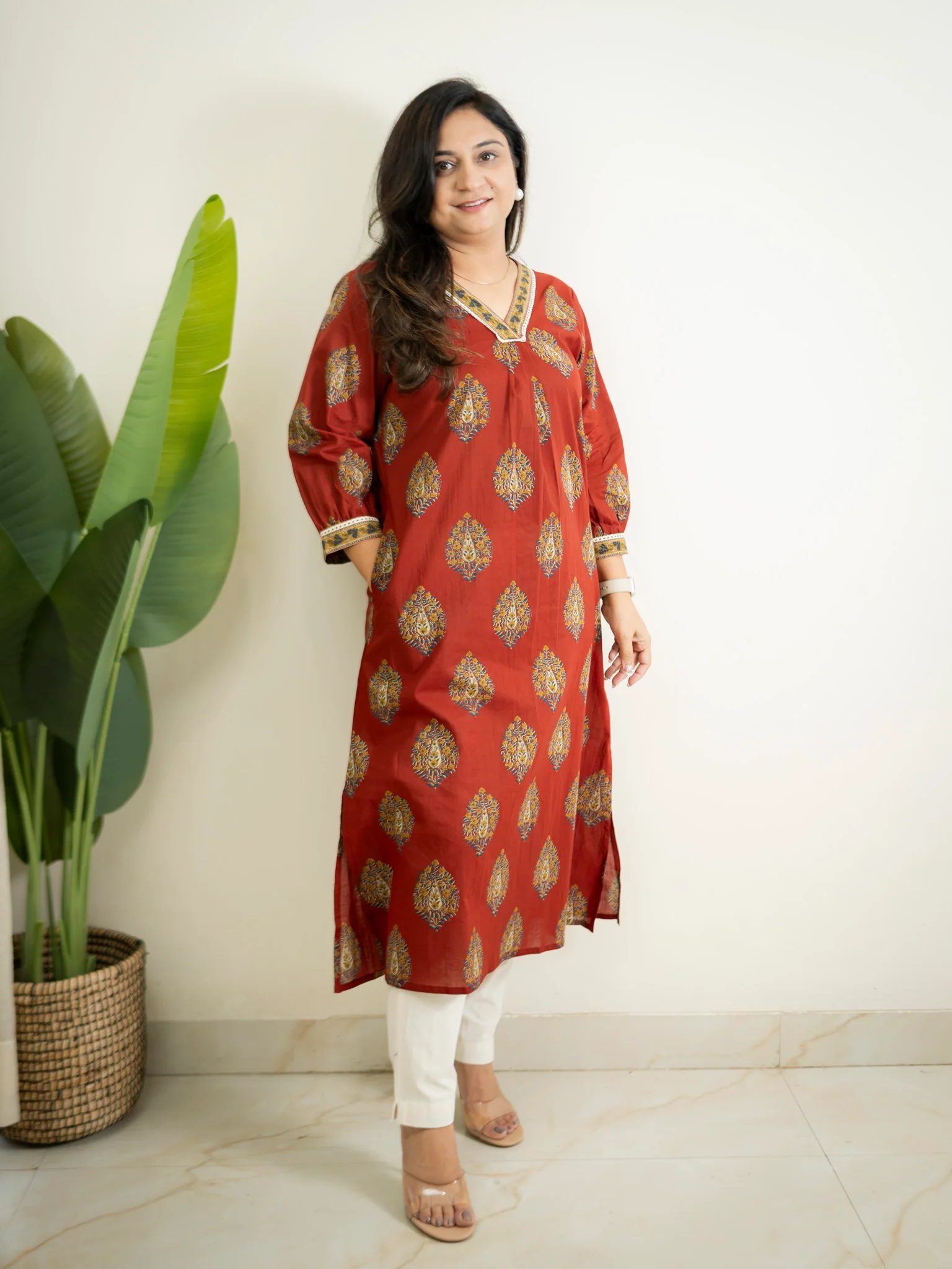 Maroon Cotton A-line Casual Kurta