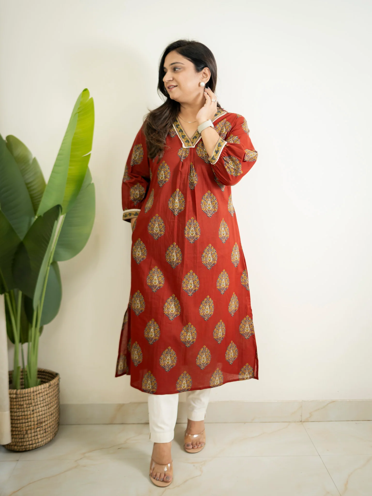 Maroon Cotton A-line Casual Kurta - Image 2