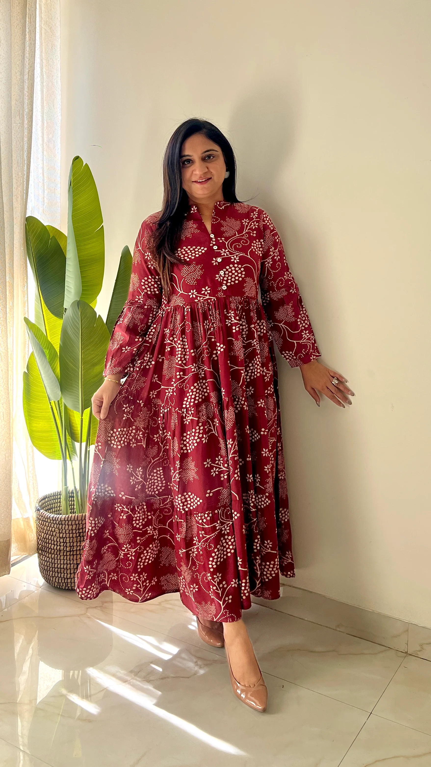 Sarfa Maroon Crystal Muslin Casual Long Dress - Image 3