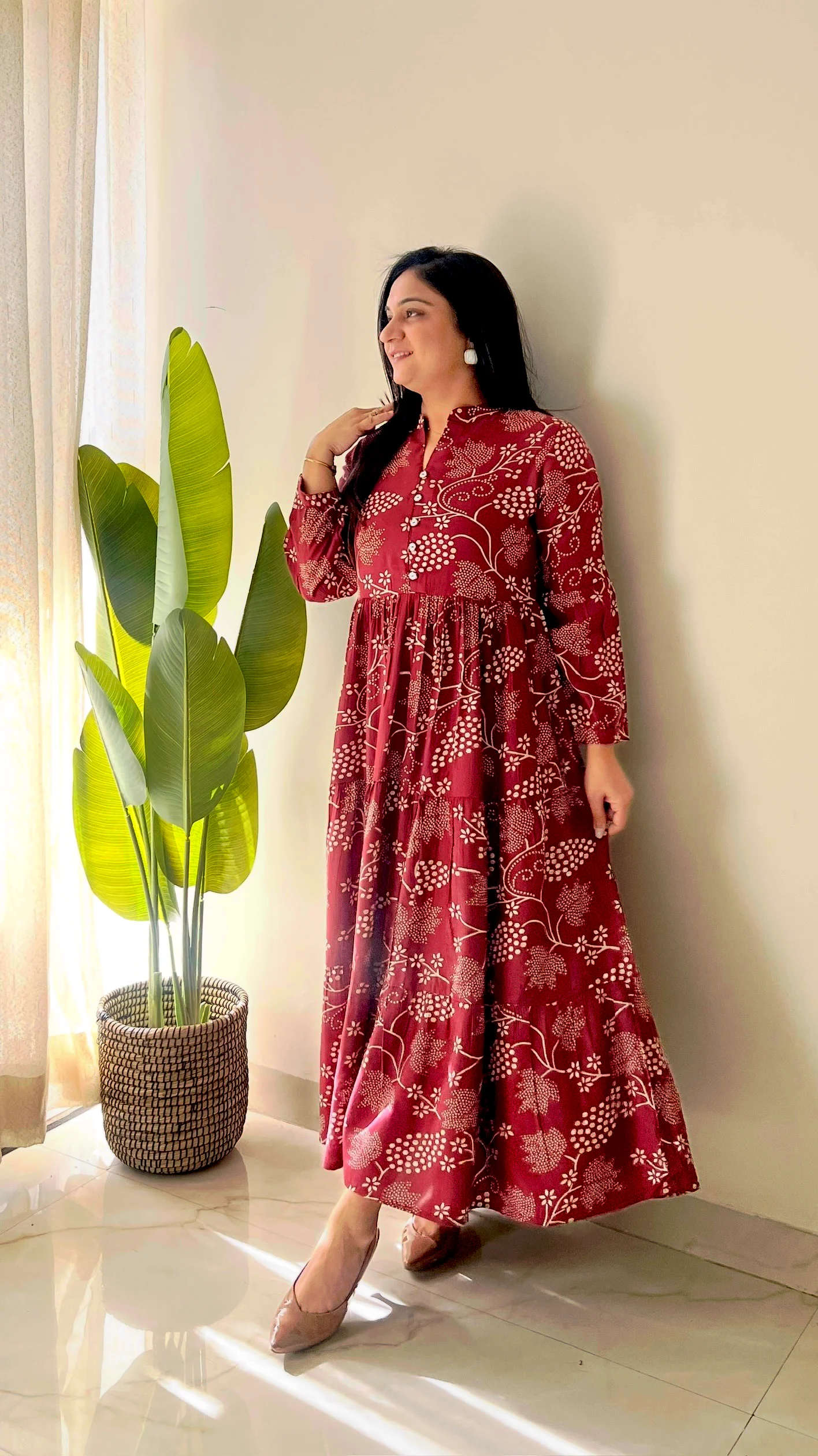 Sarfa Maroon Crystal Muslin Casual Long Dress - Image 4