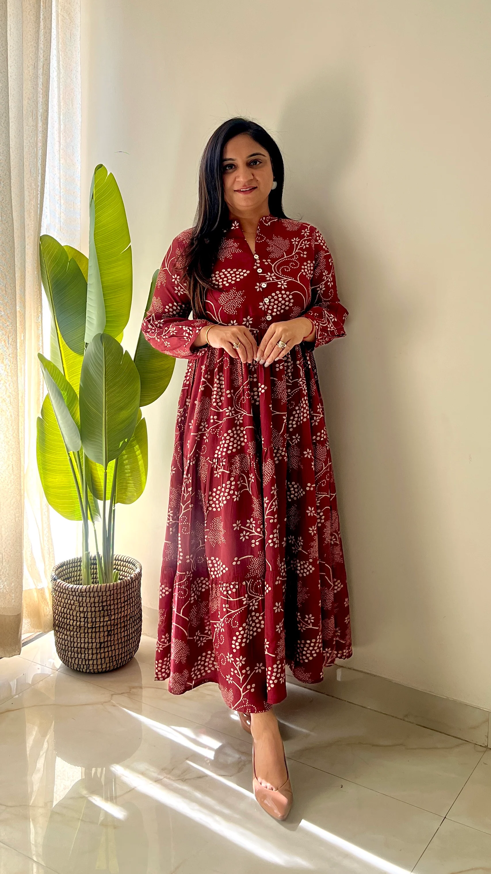 Sarfa Maroon Crystal Muslin Casual Long Dress - Image 5