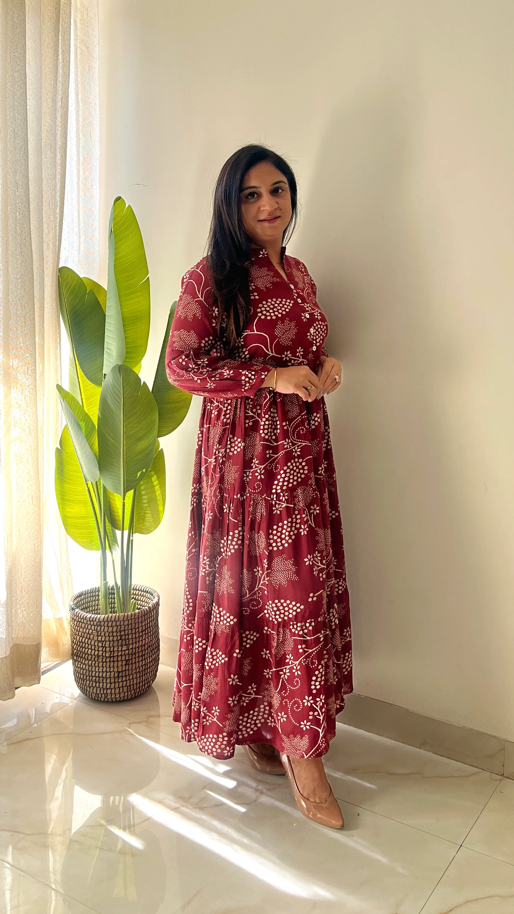 Sarfa Maroon Crystal Muslin Casual Long Dress - Image 7