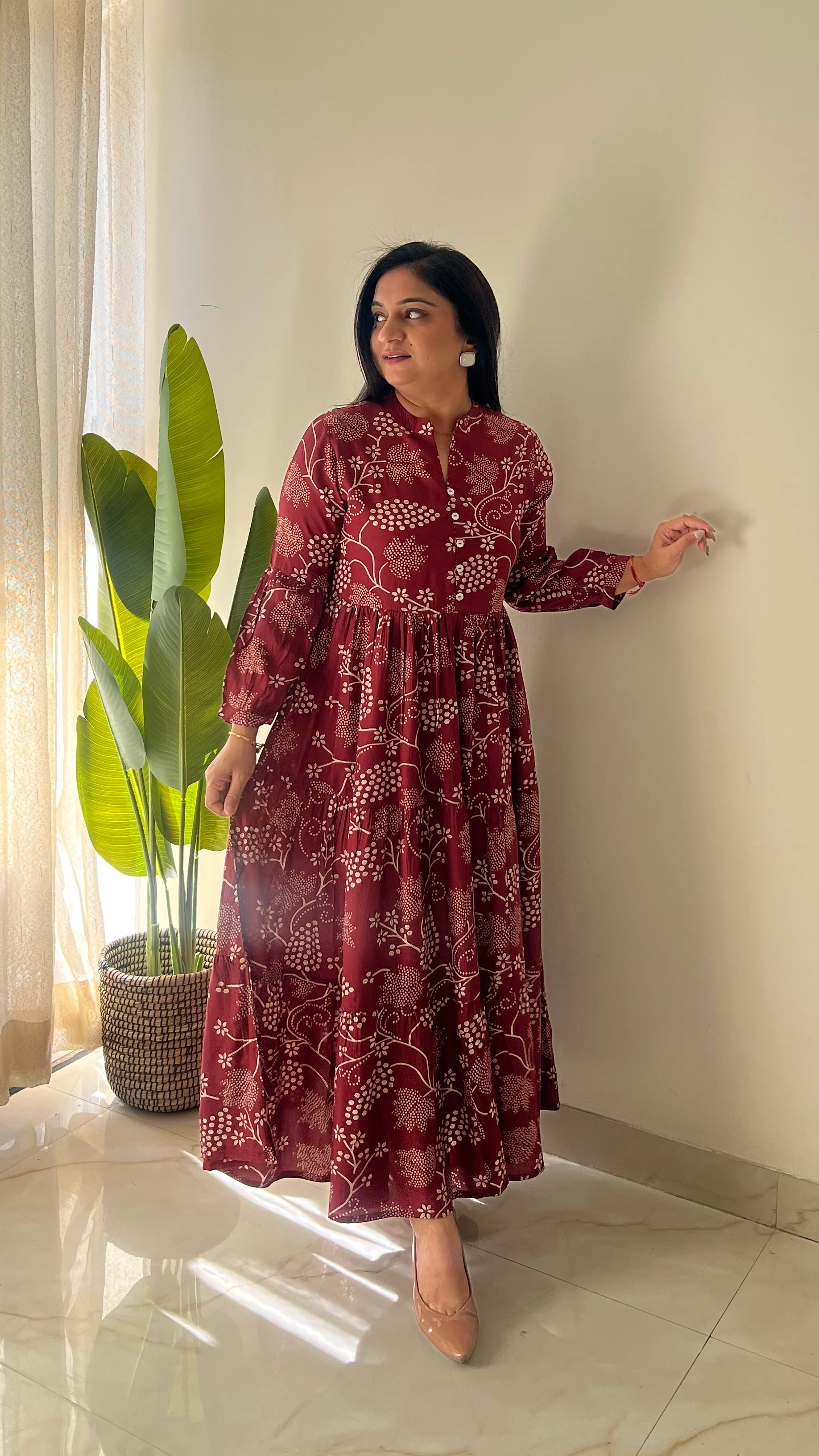 Sarfa Maroon Crystal Muslin Casual Long Dress - Image 8