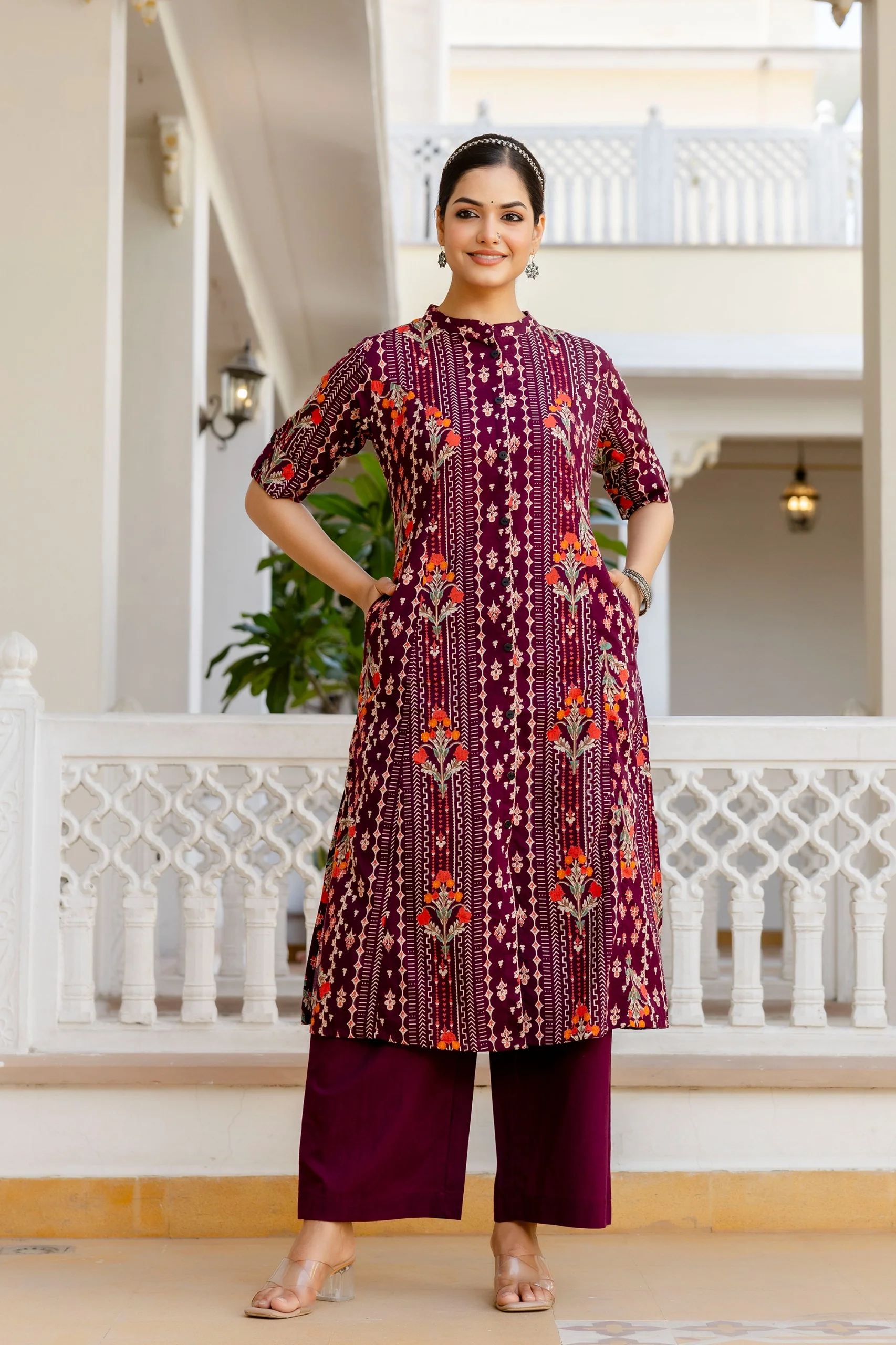 Marron Floral Cotton A-line Coord Set - Image 3