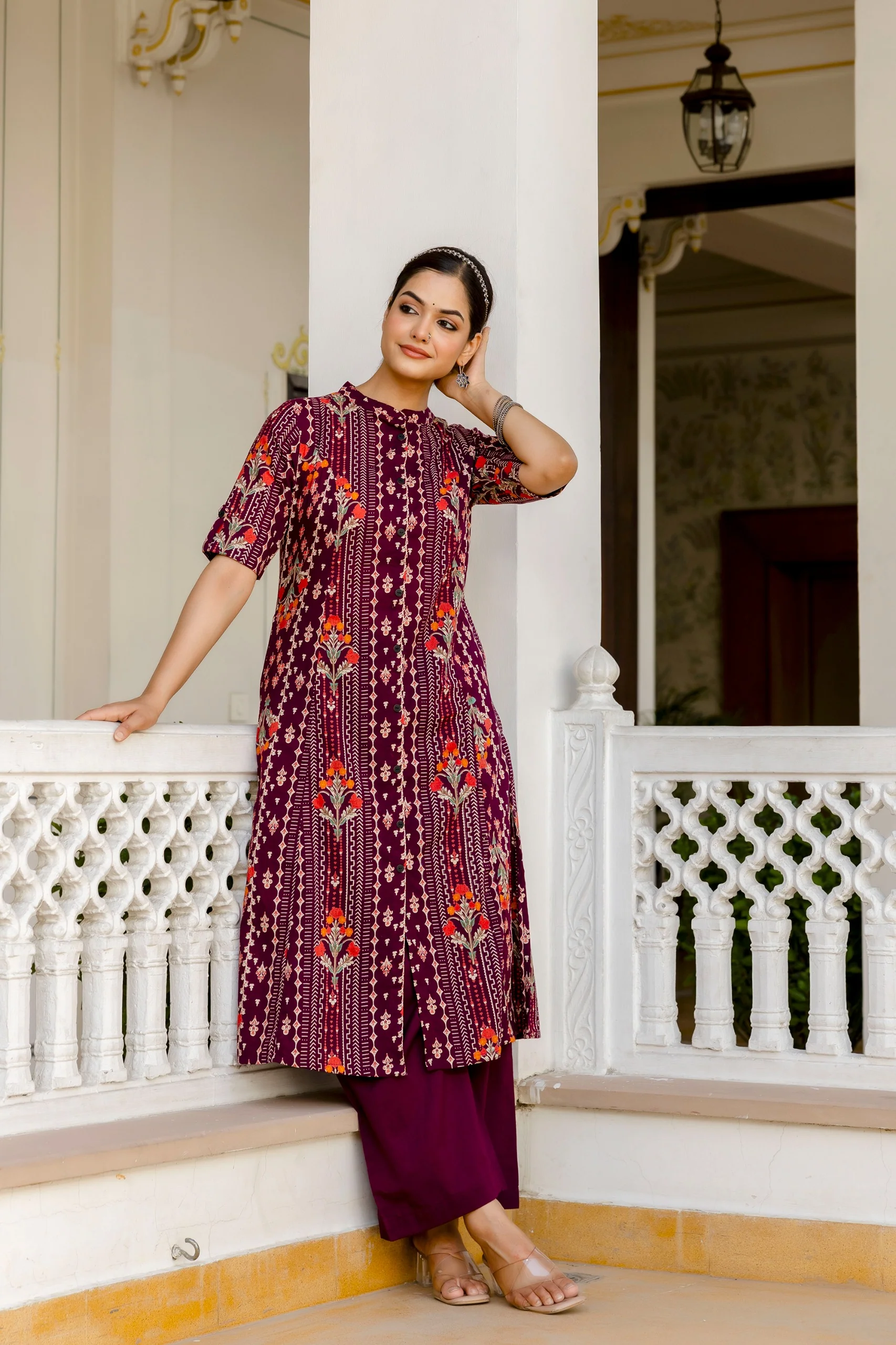 Marron Floral Cotton A-line Coord Set - Image 4