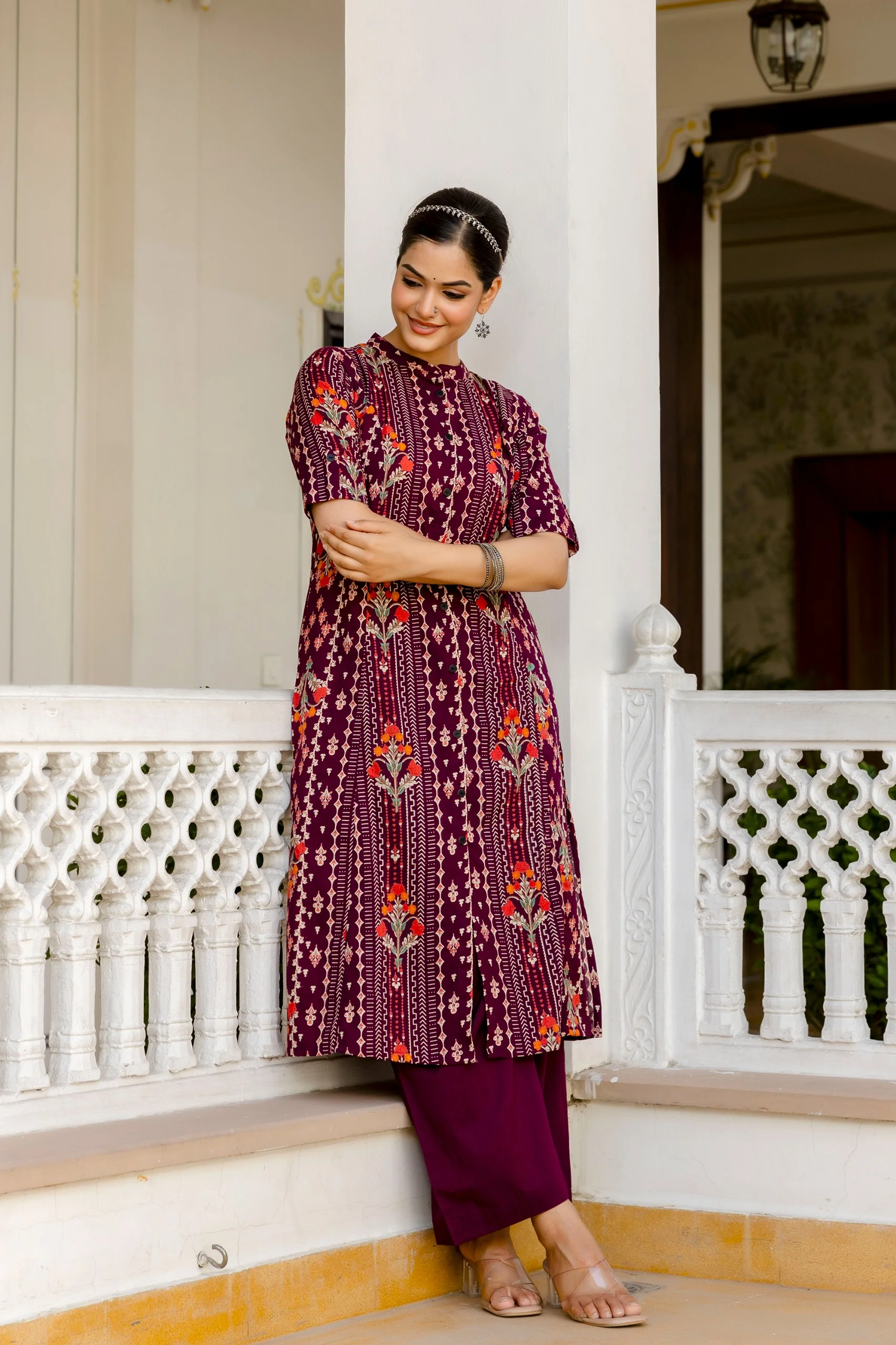 Marron Floral Cotton A-line Coord Set - Image 5