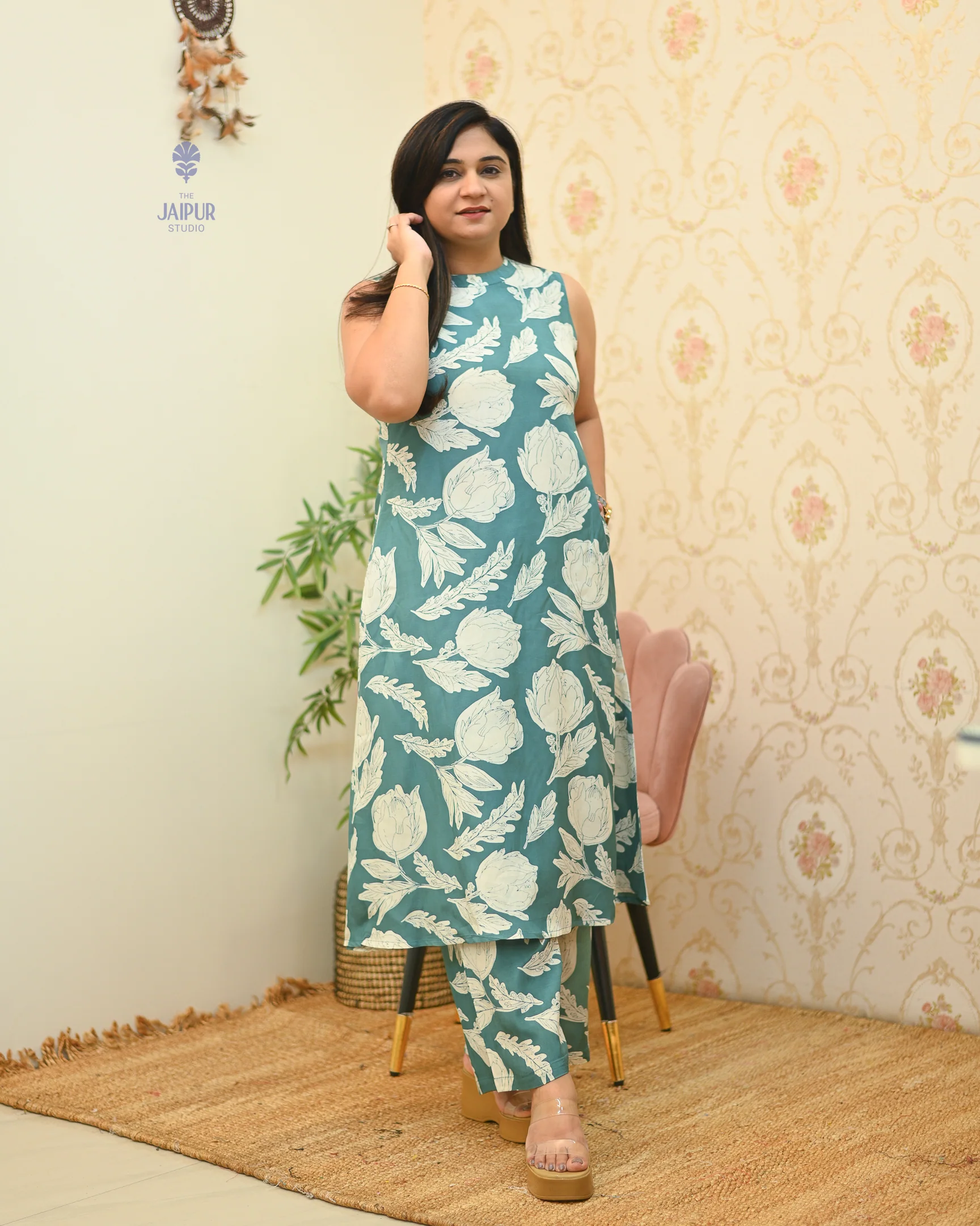 Masha Silk Crystal Floral Coord Set Green